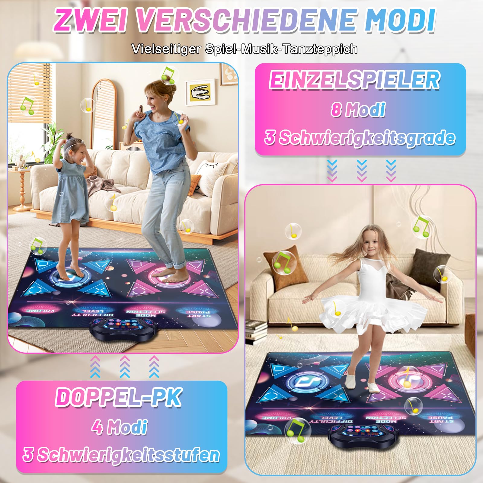 Aragallant Doppelt Tanzmatte für Mädchen, Musikalische Tanzmatte mit 2 Wettbewerbsfähigen Modi, Kindertanzmatten Spielzeug für Mädchen ab 3 4 5 6 7 8+ Jahre Geburtstag Weihnachtstag Geschenke