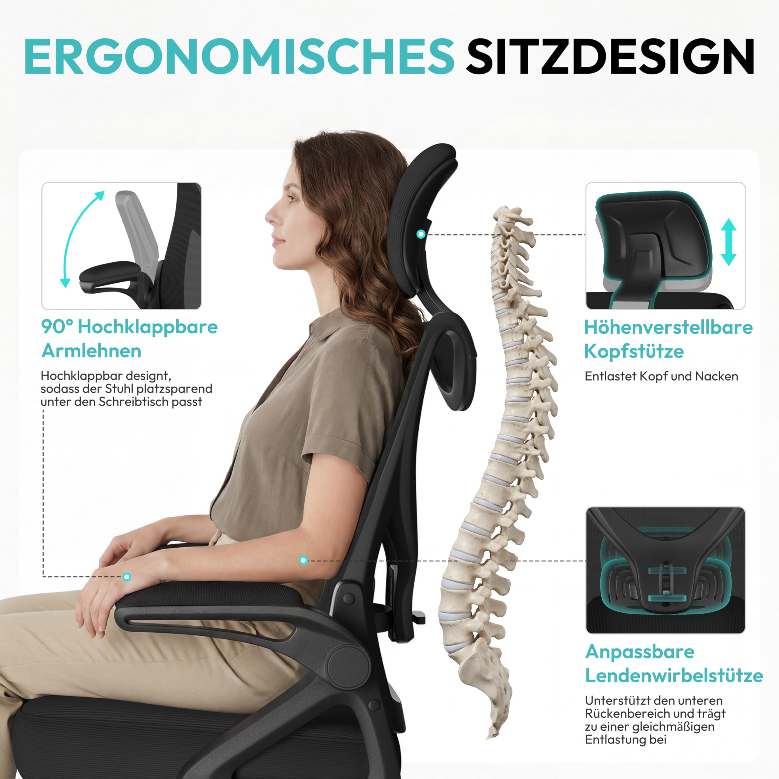 Yaheetech Bürostuhl Ergonomisch, Schreibtischstuhl mit Hochklappbaren Armlehnen, Drehstuhl mit Rückenlehne und Verstellbarer Kopfstütze, Chefsessel Wippfunktion, bis 150 kg Belastbar Schwarz