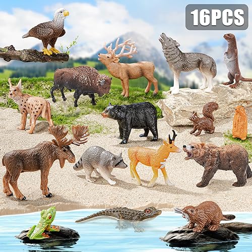 Miniatura 2 de 16 mini figuras de animales del bosque de América del Norte, figuras realistas de animales salvajes de la selva con lobo, oso, bisonte, reno,