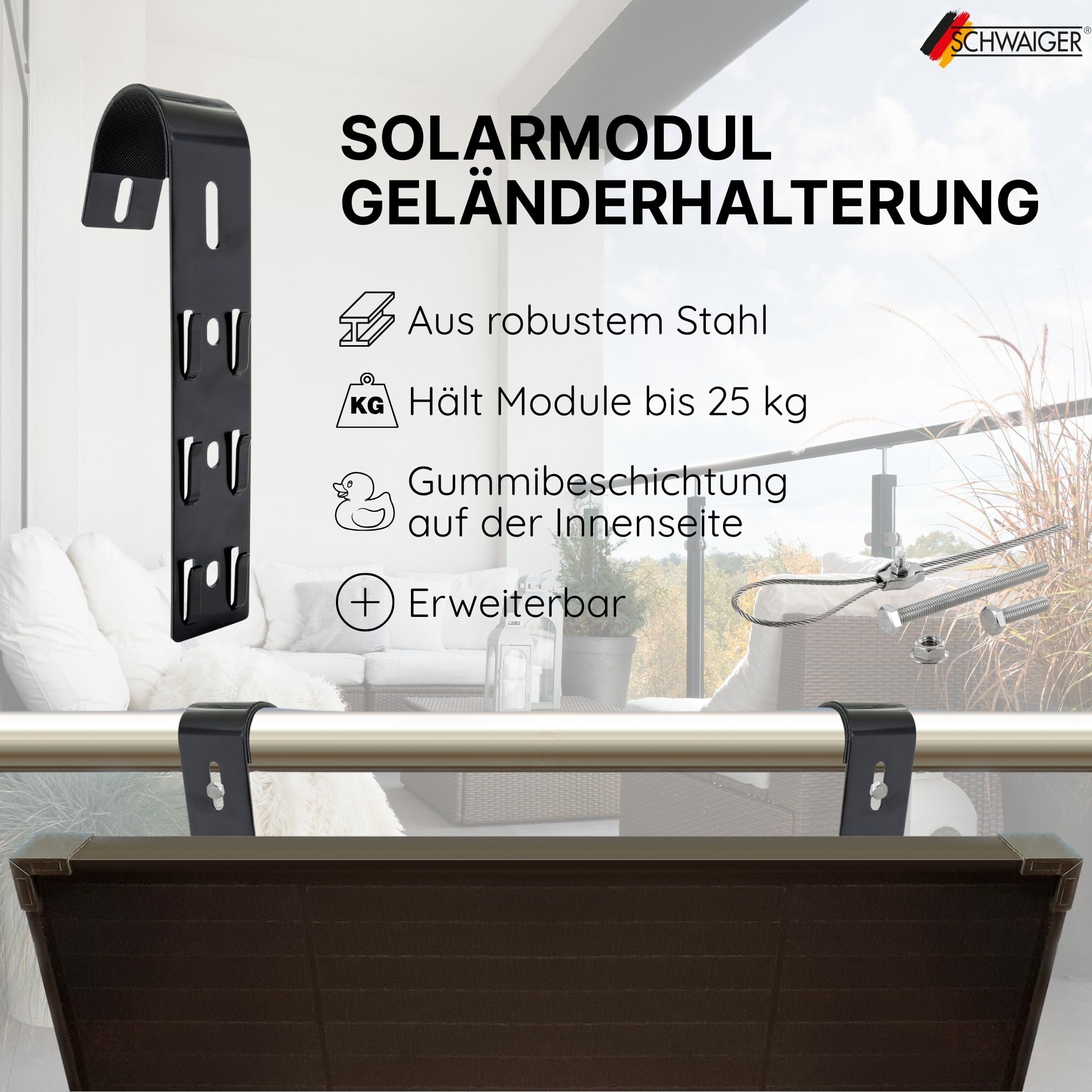 SCHWAIGER Support de centrale électrique de balcon pour balustrade I Kit de montage pour 2 modules solaires I Support de panneau solaire pour balcon et terrasse I Fixation du module PV en acier I