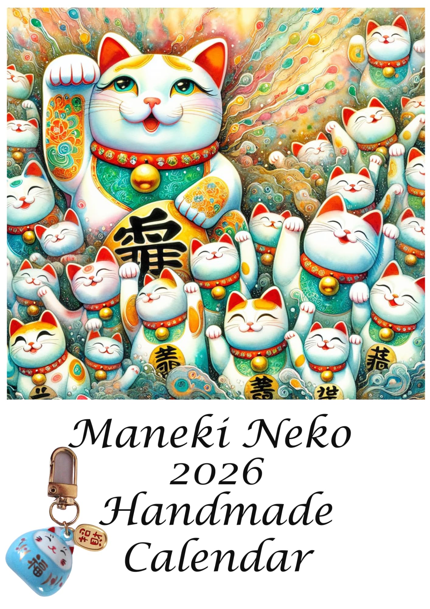 2026 Maneki Neko Lucky Cat Calendar + Chime Keyring Bundle – Handmade Japanese Good Luck Gift – Kawaii Cat Lover Present UK