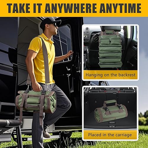 Miniatura 3 de Bolsa de herramientas enrollable, organizador de herramientas resistente con 2 bolsas desmontables con cremallera, almacenamiento de herramientas