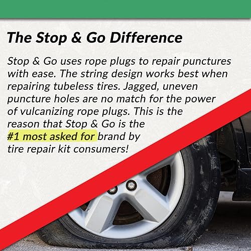 Miniatura 8 de Stop & Go 76002 Kit de reparación de neumáticos sin cámara de 8 piezas con tapón de cuerda y cemento de goma para pinchazos y planos en motocicleta,