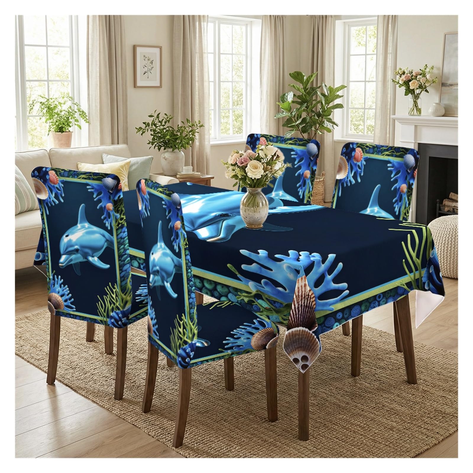 KXUAUV Dolphin Ocean Print Stretch Dining Chair Covers & Tablecloth Set, 5/7 Pack Party Decor(5pcs Set: Tablecloth+Chair Covers)