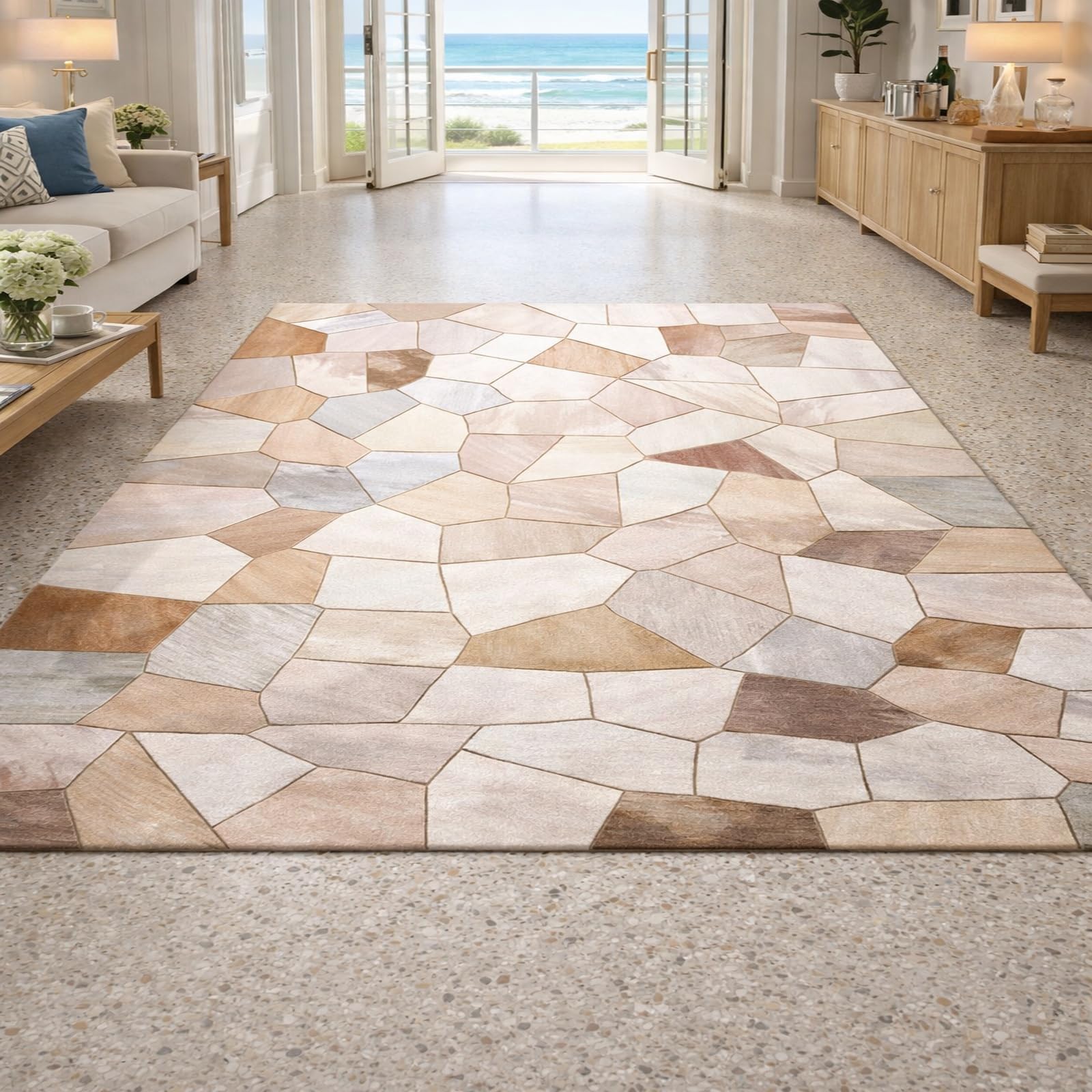 Tapis rectangle salon beige abstract geometric en poils ras lavable 120x160cm pour chambre