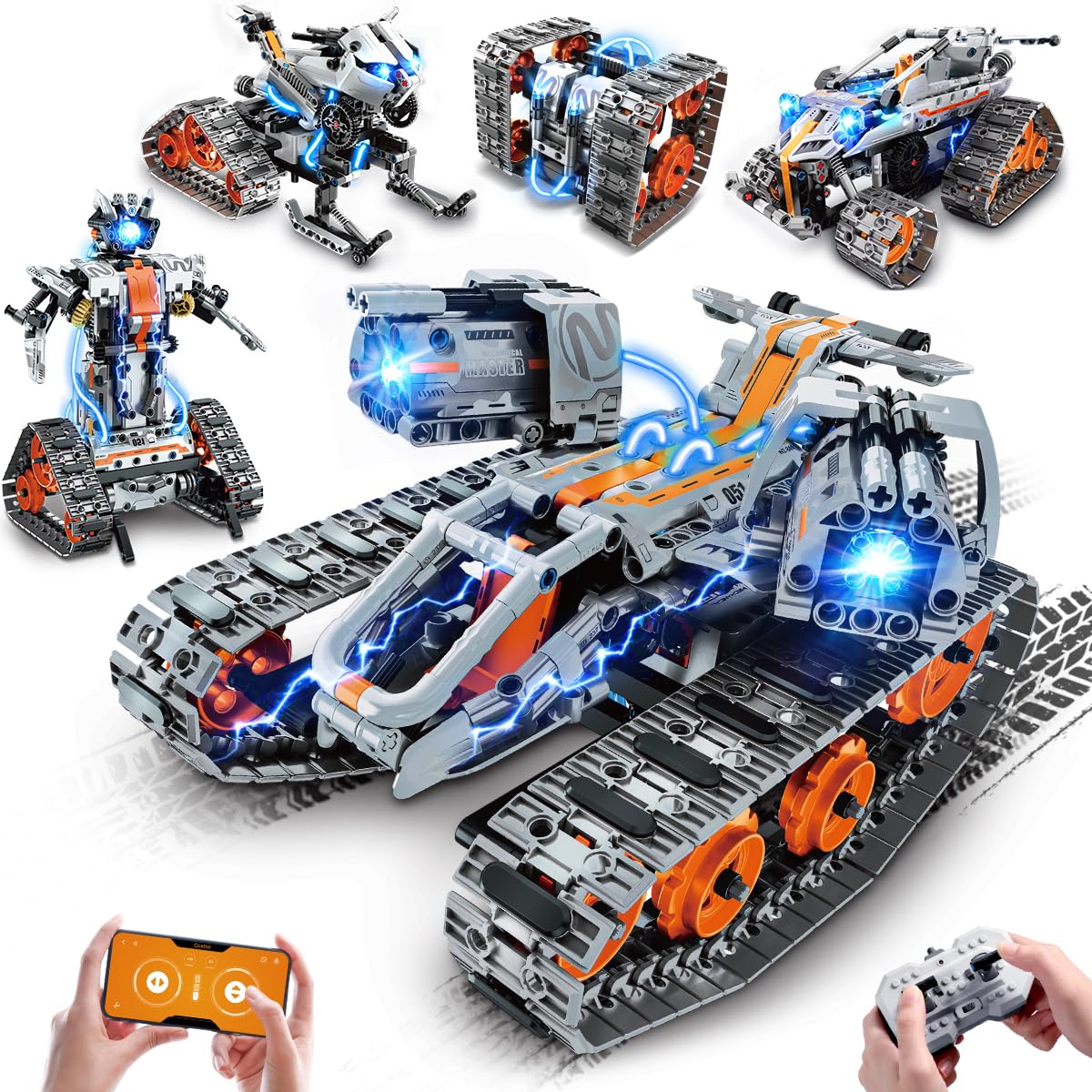 PLAXSOON Technik Bauspielzeug mit LED Lichtern, 5-in-1 App- & Fernsteuerung Panzer Roboter Klemmbausteine, 604 Teile RC Technik Baukasten, STEM Lernspielzeug Geschenk für Kinder Jungen ab 8-12 Jahre