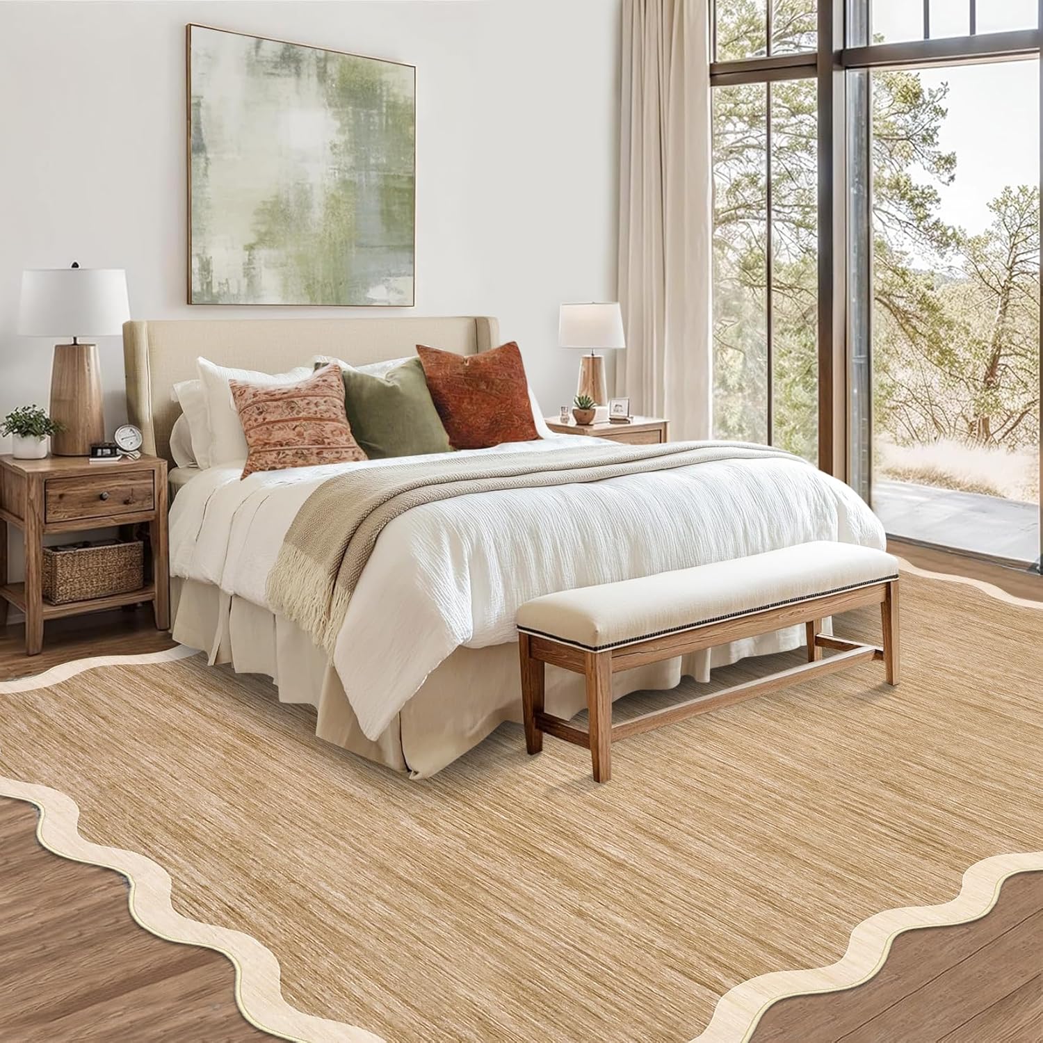 GarveeHome Scalloped Living Room Rug 5x7 Area Rug Washable Area Rug for Bedroom Modern Traditional Kids Rug Non Slip Throw Rugs Soft Low Pile Stain Resistant Carpet for Dining Room 5'x7' Light Brown - Image 3