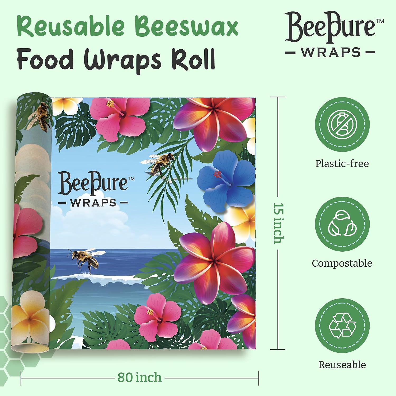 Reusable Beeswax Food Wrap Roll - Cut-to-Size 15 x 80 in, Eco-Friendly Food Storage Wrap, Tropical Hibiscus Bees in Paradise Design image 3