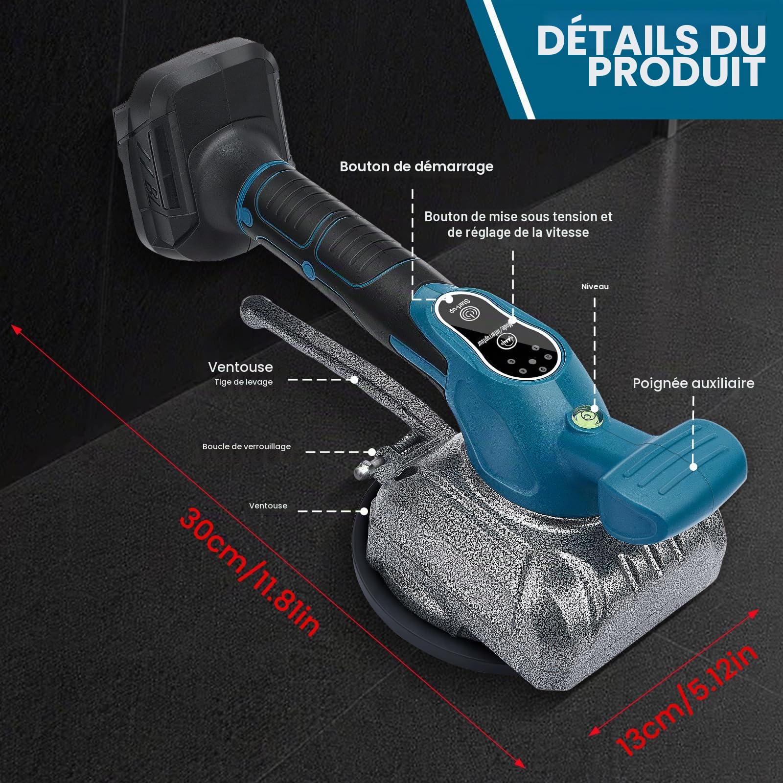 Vibreur Carrelage Ventouse Carrelage Sans Fil, Compatible Avec Batterie Paddock 18v, 12000 Tr/Min, Aspiration 100kg, Pour Carreaux De 0,2-1,2m, Vitesse Réglable En 5 Vitesses (Sans Batterie)