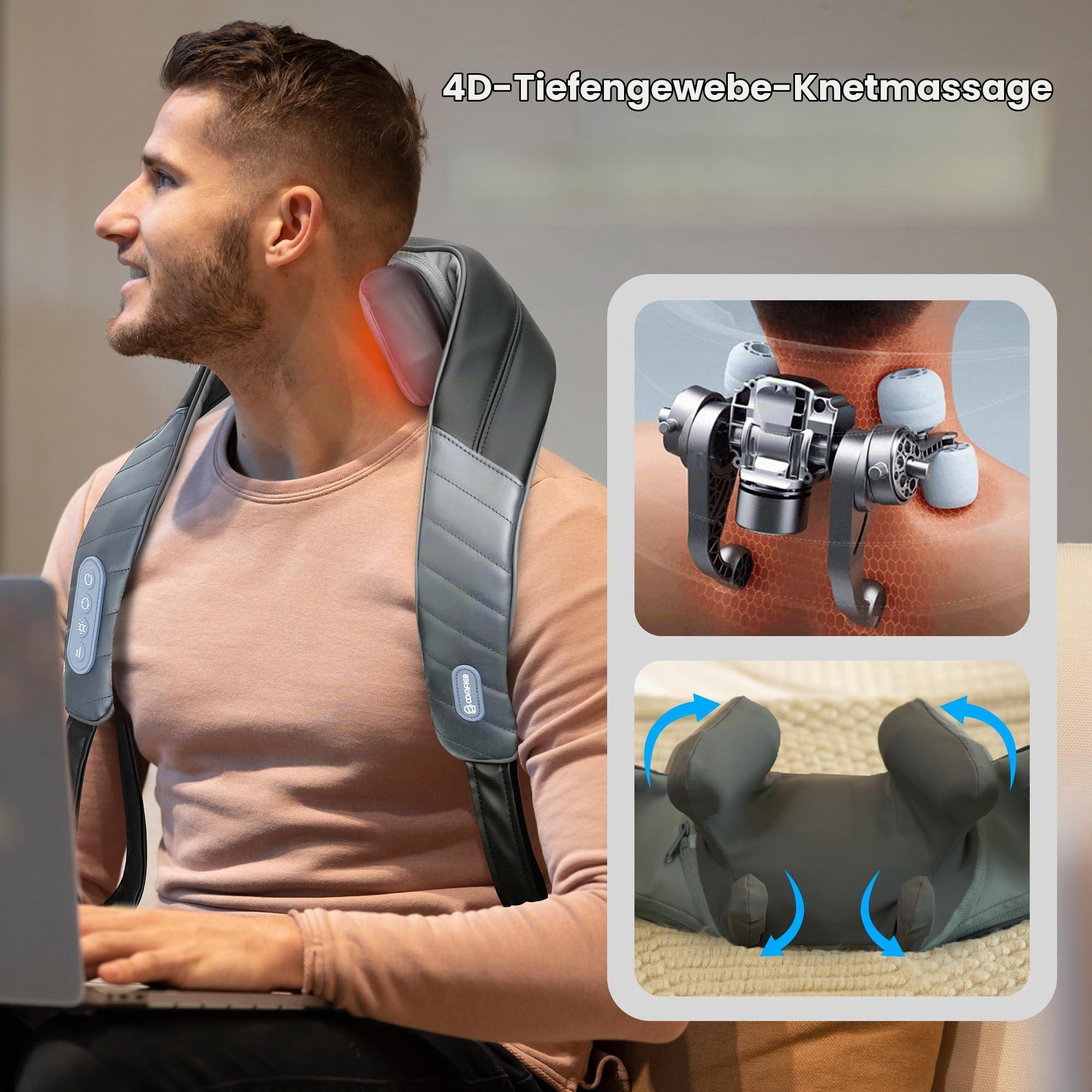 COMFIER Kabelloses Shiatsu Nackenmassagegerät mit Wärme | 4D Tiefenknetmassage für Nacken, Schultern und Rücken, 3 Modi, PU-Leder, Tragetasche, Geschenk für Frauen und Männer