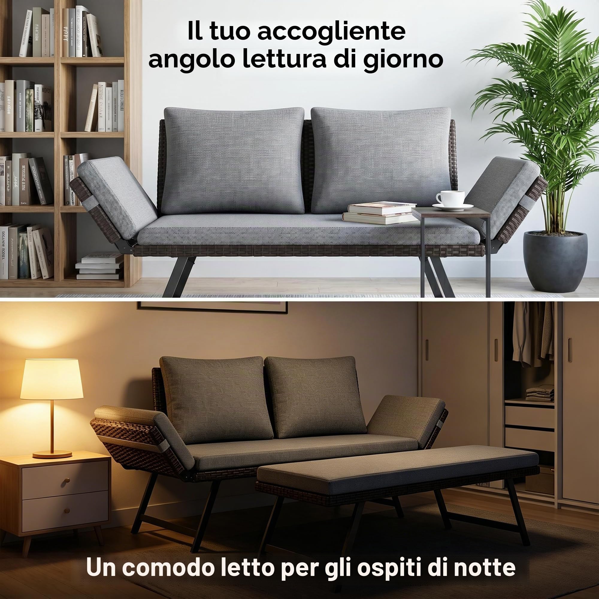 Fiutazge Divano Esterno in Polyrattan con Braccioli Regolabili,Divano Letto Convertibile 2 Posti con Cuscini Morbidi,Panchina da Esterno per Giardino, Balcone, Terrazzo e Portico-Grigio