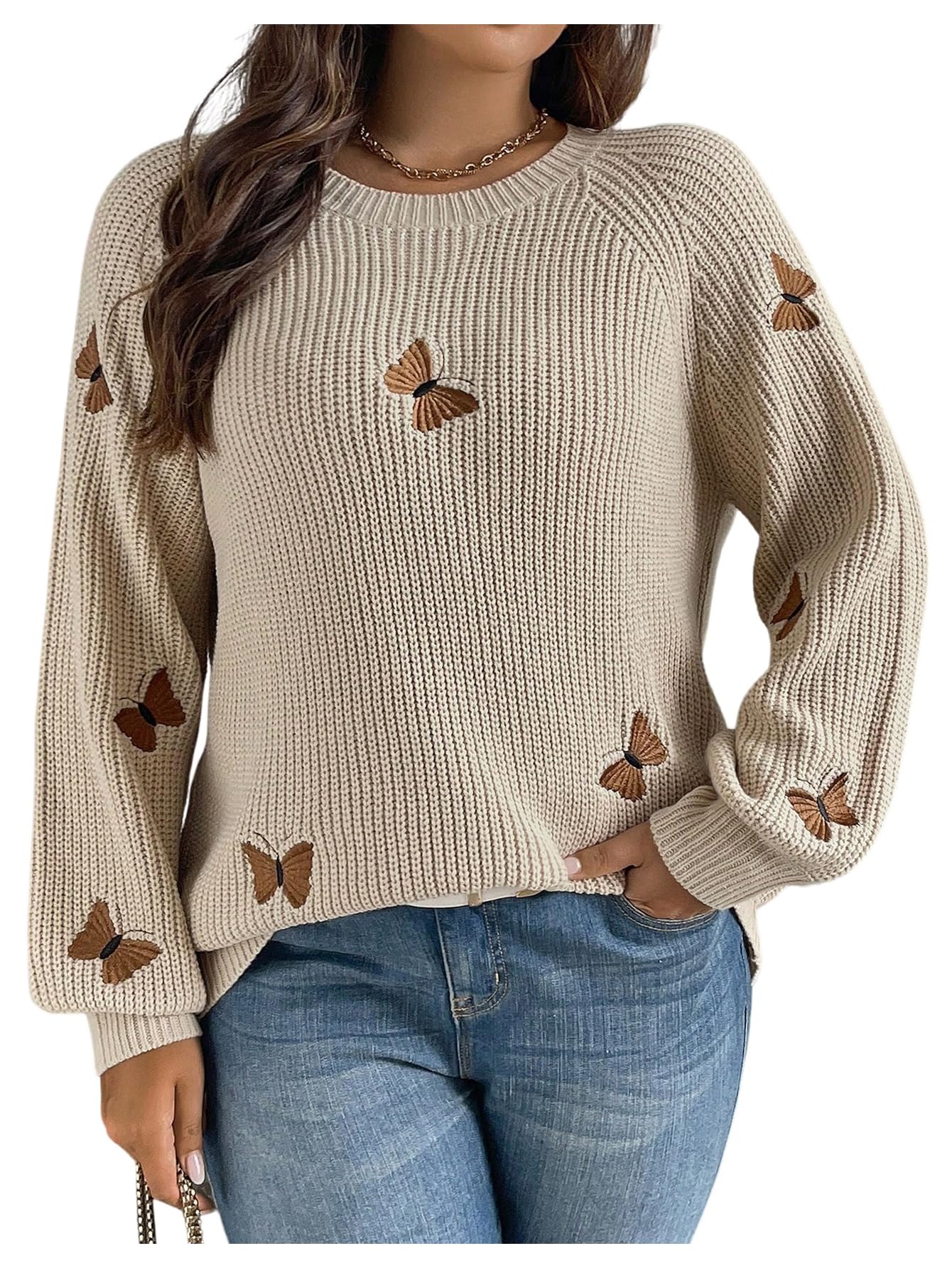 Womens Plus Size Butterfly Sweater Embroidery Long Sleeve Pullover Sweater Crew Neck Knit Tops