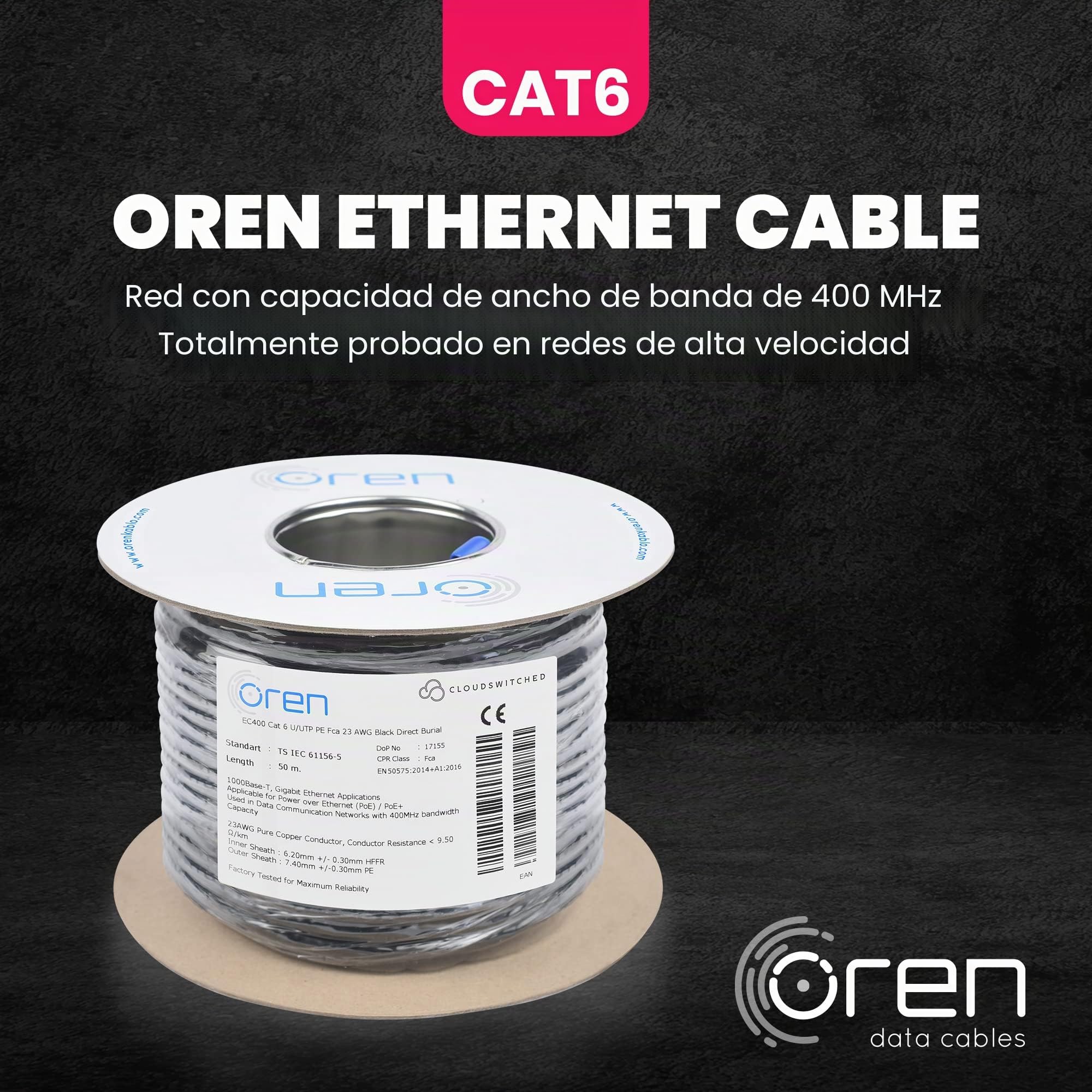 Oren CAT6 50m Cable Ethernet Para Exteriores - Entierro Directo - Cable de Cobre Puro 23 AWG- Cable de Red LAN de Internet UTP de 400 MHz de Ancho de Banda - Libre de Halógenos, No Corrosivo - Gigabit