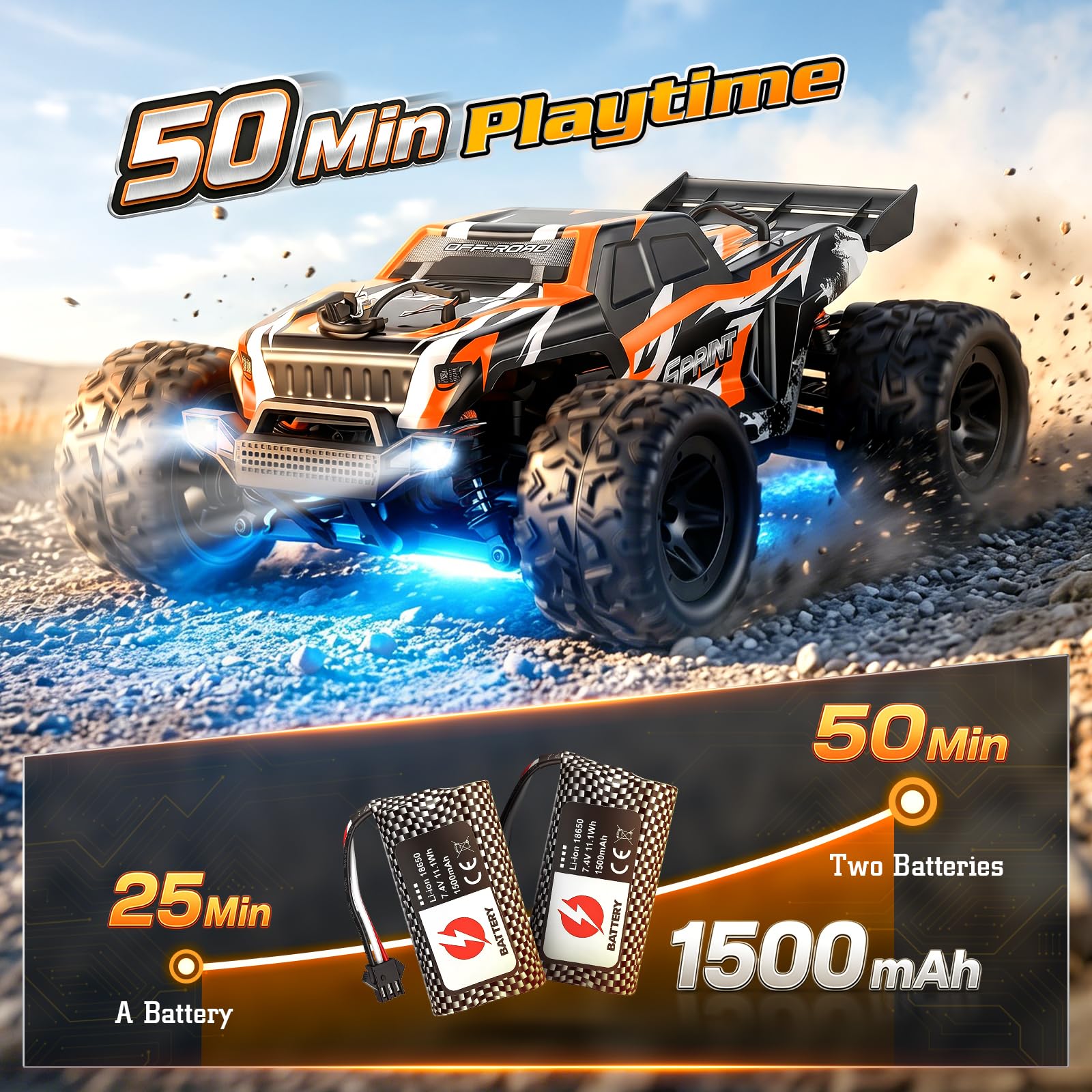 Ferngesteuertes Auto 1:18 All-Terrain RC Auto für Erwachsene & Jungen, 4WD Offroad RC Truck mit hoher Geschwindigkeit 40+ km/h, RC truck mit 2 wiederaufladbaren 1500-mAh-Akkus und 2 Karosserie