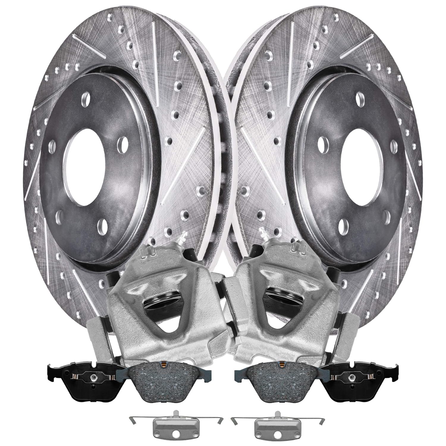 Detroit Axle - Front Drilled &amp; Slotted Brake Rotors Ceramic Pads Calipers