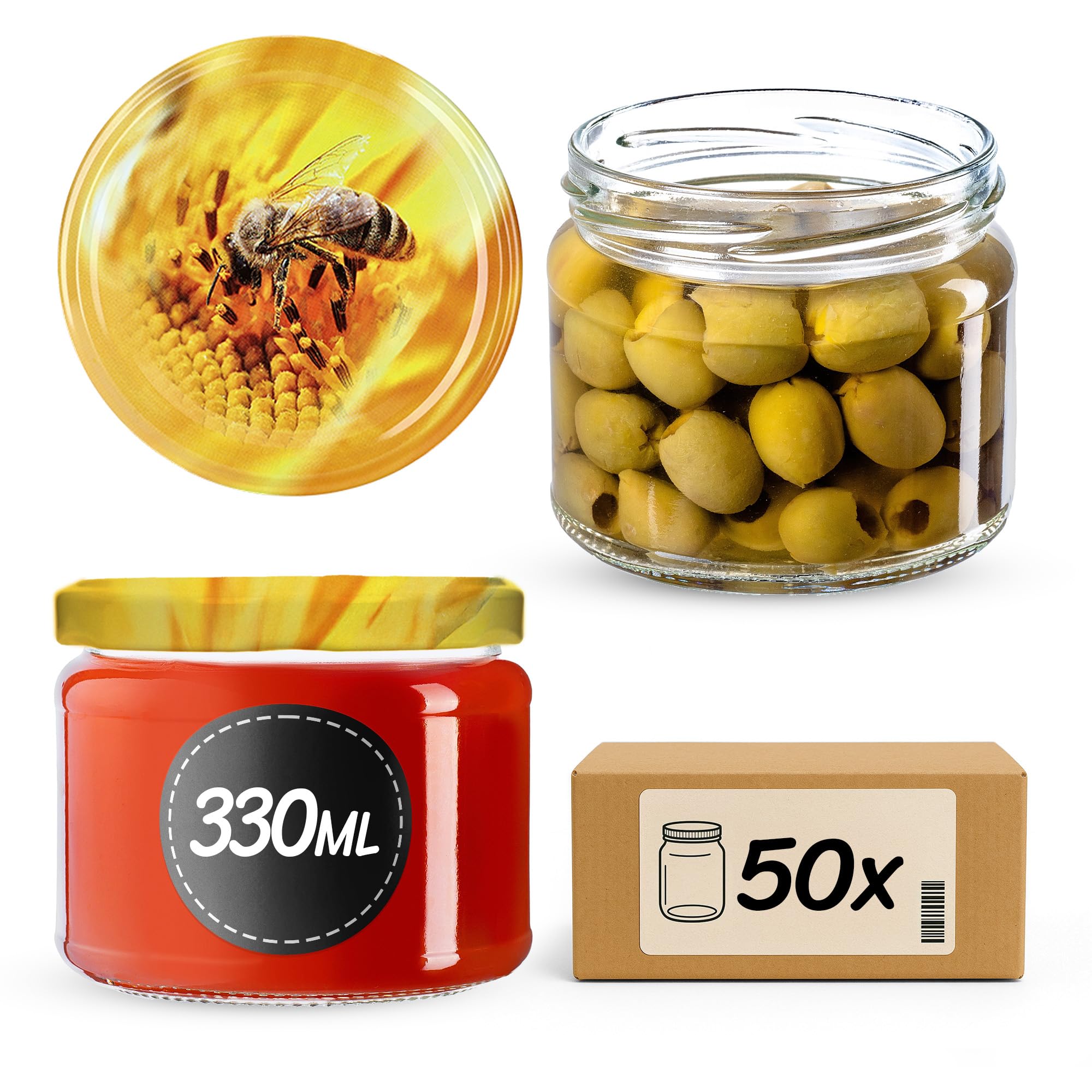 KADAX 50er Set Marmeladengläser 330ml TO82 Biene, Einmachgläser Vorratsgläser Mason Jar mit Schraubdeckel, Luftdichte Schraubgläser, Honig & Konfitüre