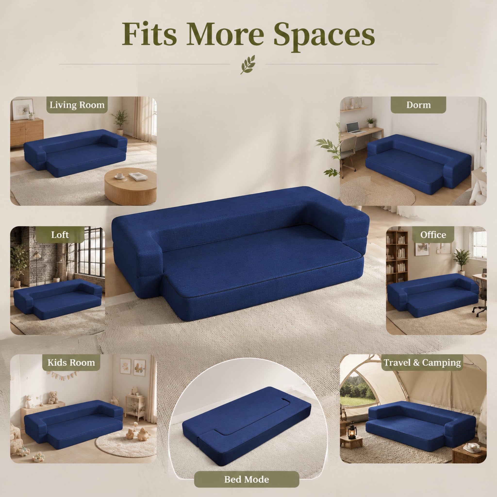 ANONER Canapé Lit Pliable 2 Places, Bleu Foncé | Canapé lit 2 en 1, mousse haute densité monobloc, hauteur assise 25cm, housse amovible, 190x137cm, salon et chambre