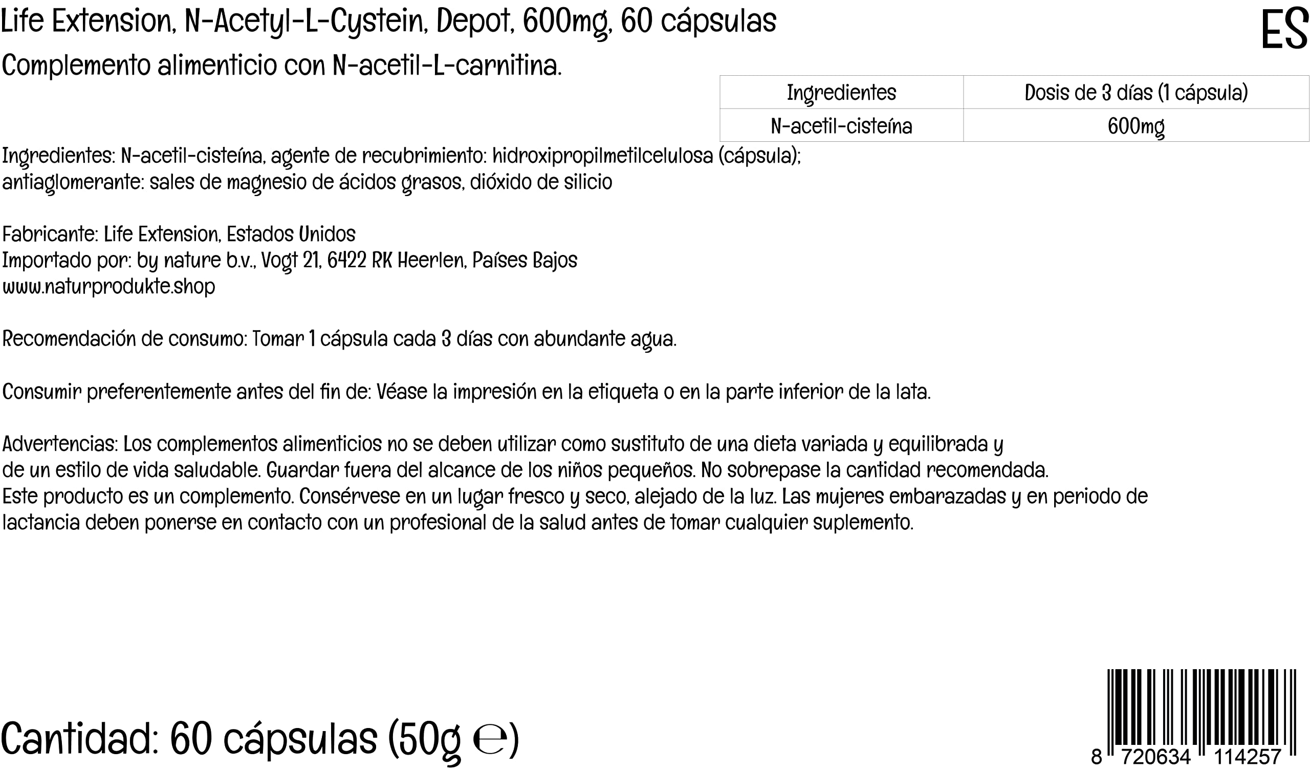 Life Extension, N-Acetyl-Cysteine (NAC), 60 vegane Kapseln, 600mg Acetyl-L-Carnitin je Dosis, Glutenfrei, Sojafrei, GMO frei, Geschmacksneutral (Packung mit 2)