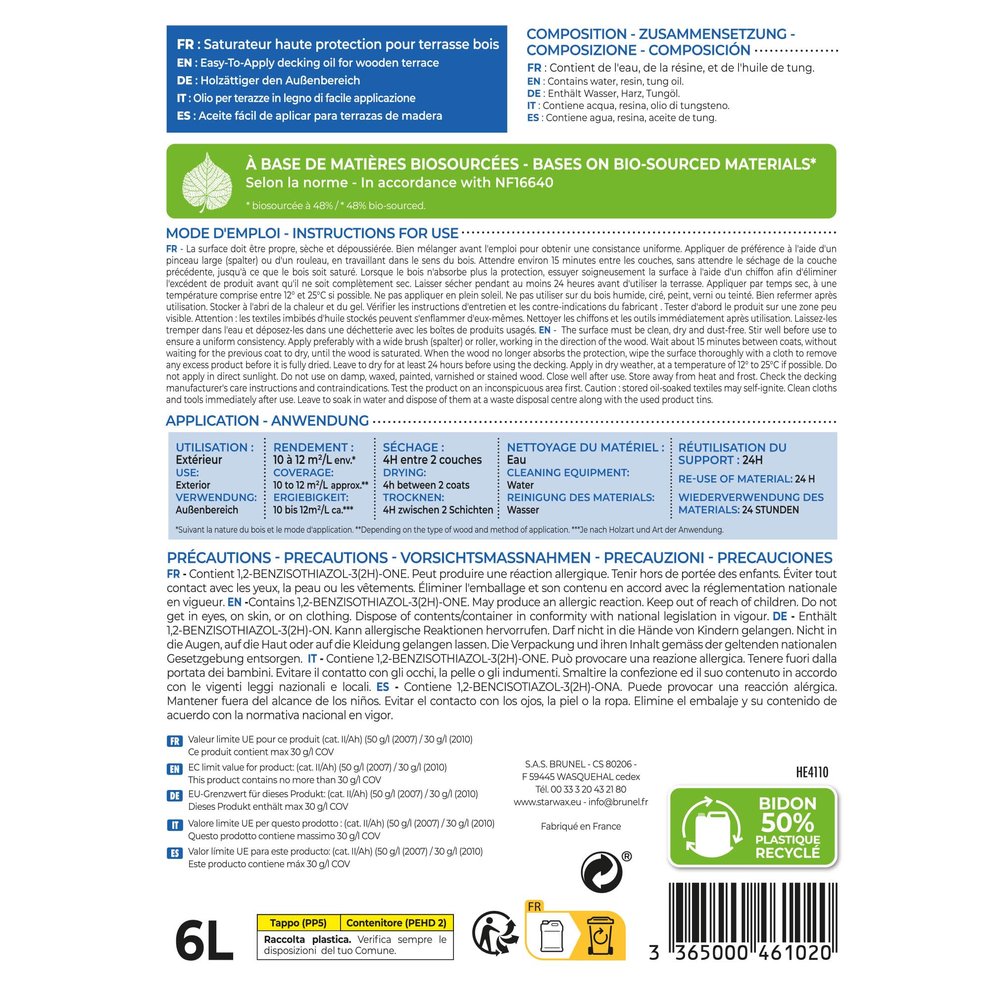 STARWAX - Saturador Alta protección - Incoloro - rápido - Protege y nutre en profundidad las fibras de la madera - Resistente a la intemperie - Secado rápido - Sin olor - 6L