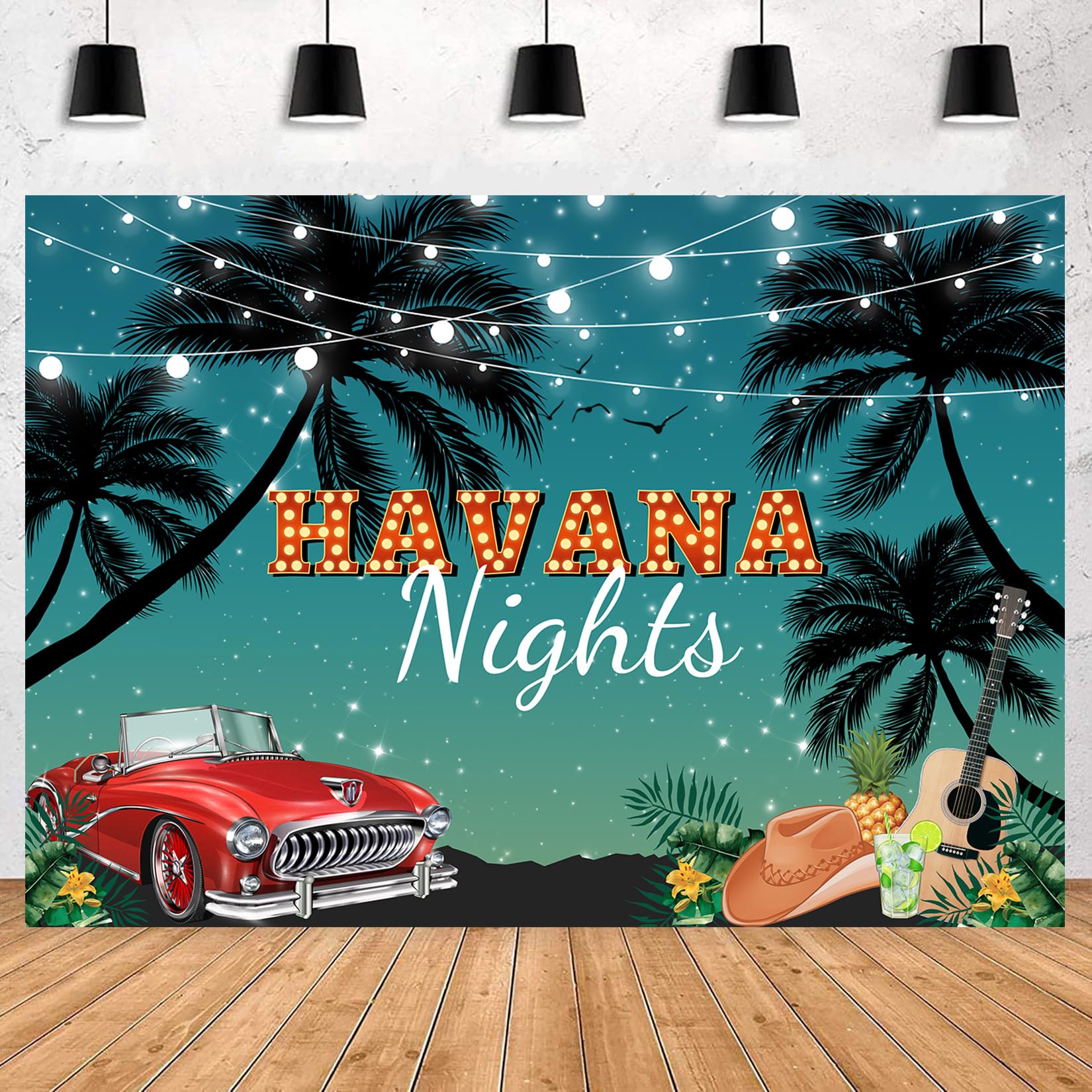 InMemoryPalm Tree Havana Nights Backdrop Sunset Hot Summer Retro Car Guitar Birthday Party Background Cuban Hawaiian Charm Parties Decorations Photography Banner 7x5ft
