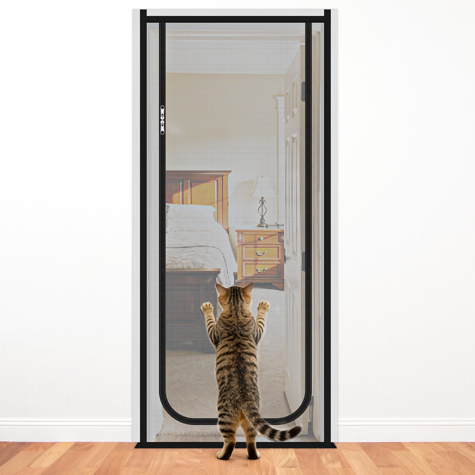 RAYNEAY Cat Screen Door, Reinforced Heavy Duty Mesh Pet Door, Mesh Screen Door Nets with Double-Sided Zipper, Prevent Cat Pet Escape, Keep Insects Out Door Curtains for Living Room, Bedroom (80x210cm)