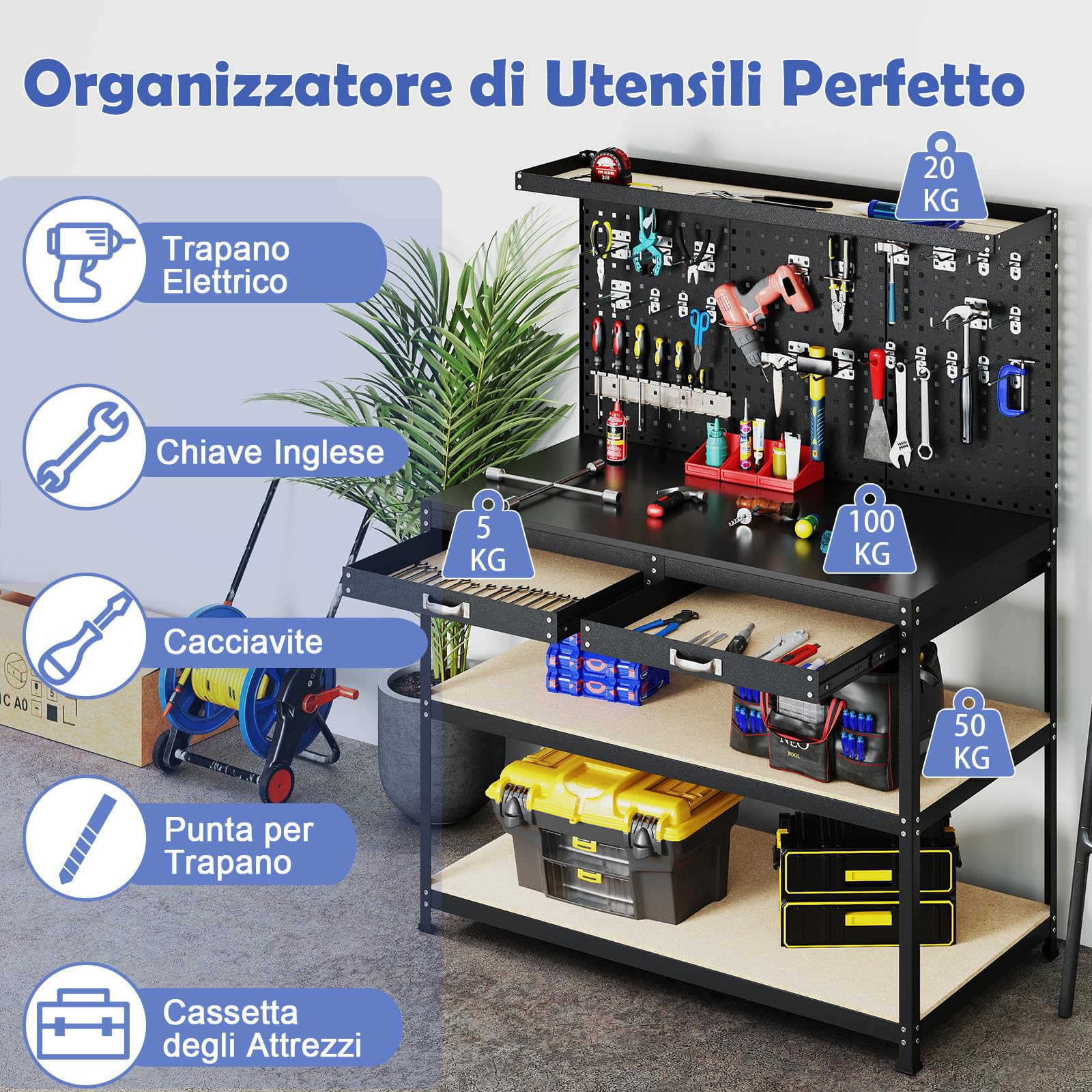 COSTWAY Banco da Lavoro con Piano da 120 x 60 cm, Banco da Lavoro Officina con Pannello Forato e 24 Ganci Porta Attrezzi, Tavolo da Lavoro per Garage con 2 Cassetti e 2 Mensole (Nero)