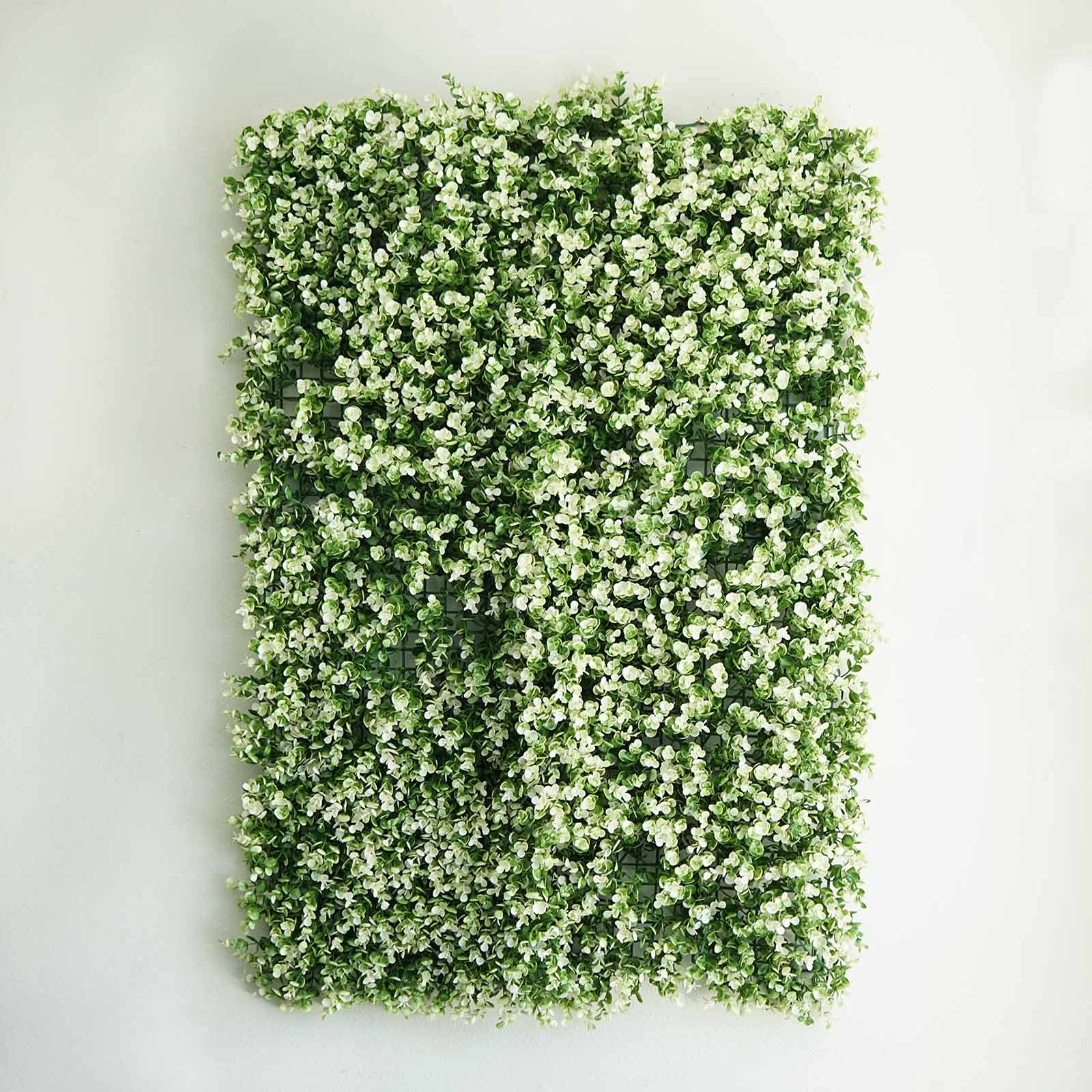 4PCS 24" x 16" Artificial Boxwood Panels Hedge Genlisea White Tip Green Plant UV Protected Faux Grass Wall Greenery Mats for Outdoor Garden Fence Backyard and Indoor Home Wedding Decoration