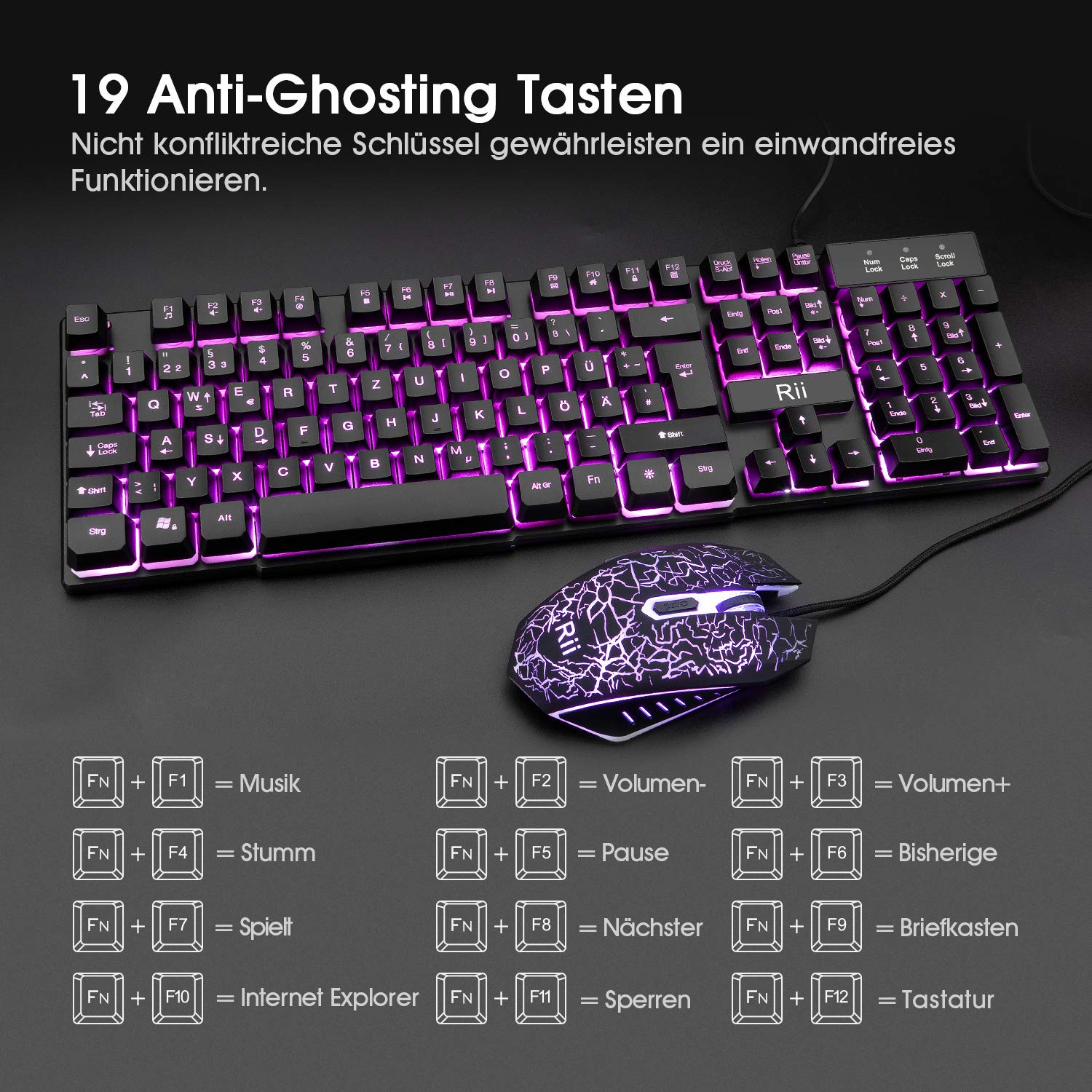 Rii Gaming Tastatur und Maus Set, 3 LED Hintergrundbeleuchtung, ideal für Gaming und Büro, Kompatibel mit PC (DE-Layout, Schwarz)