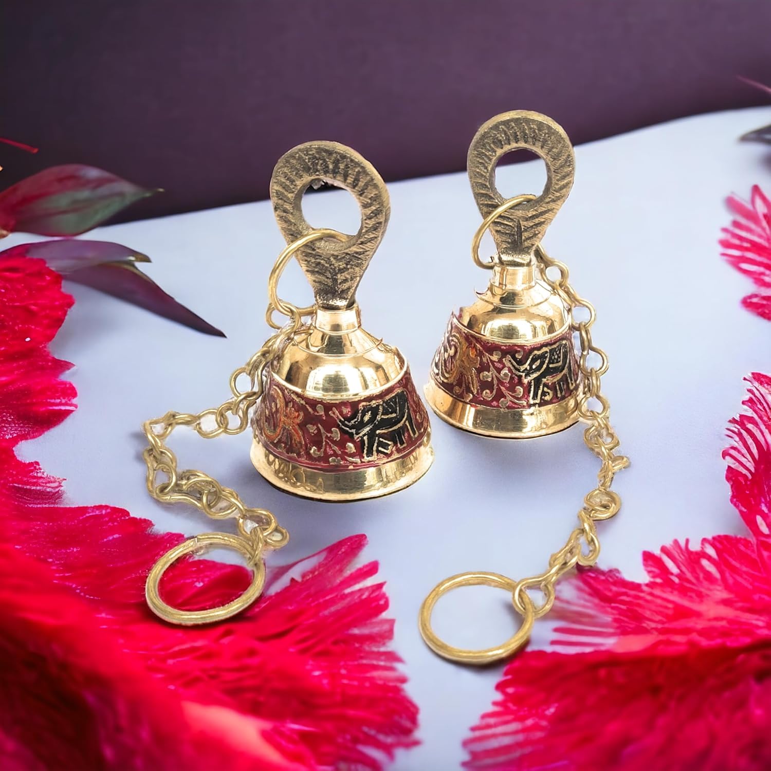 Brass Wall Hanging Bell with Chain for Home Mandir Temple Decorative I Puja Room(Set of -2) RED