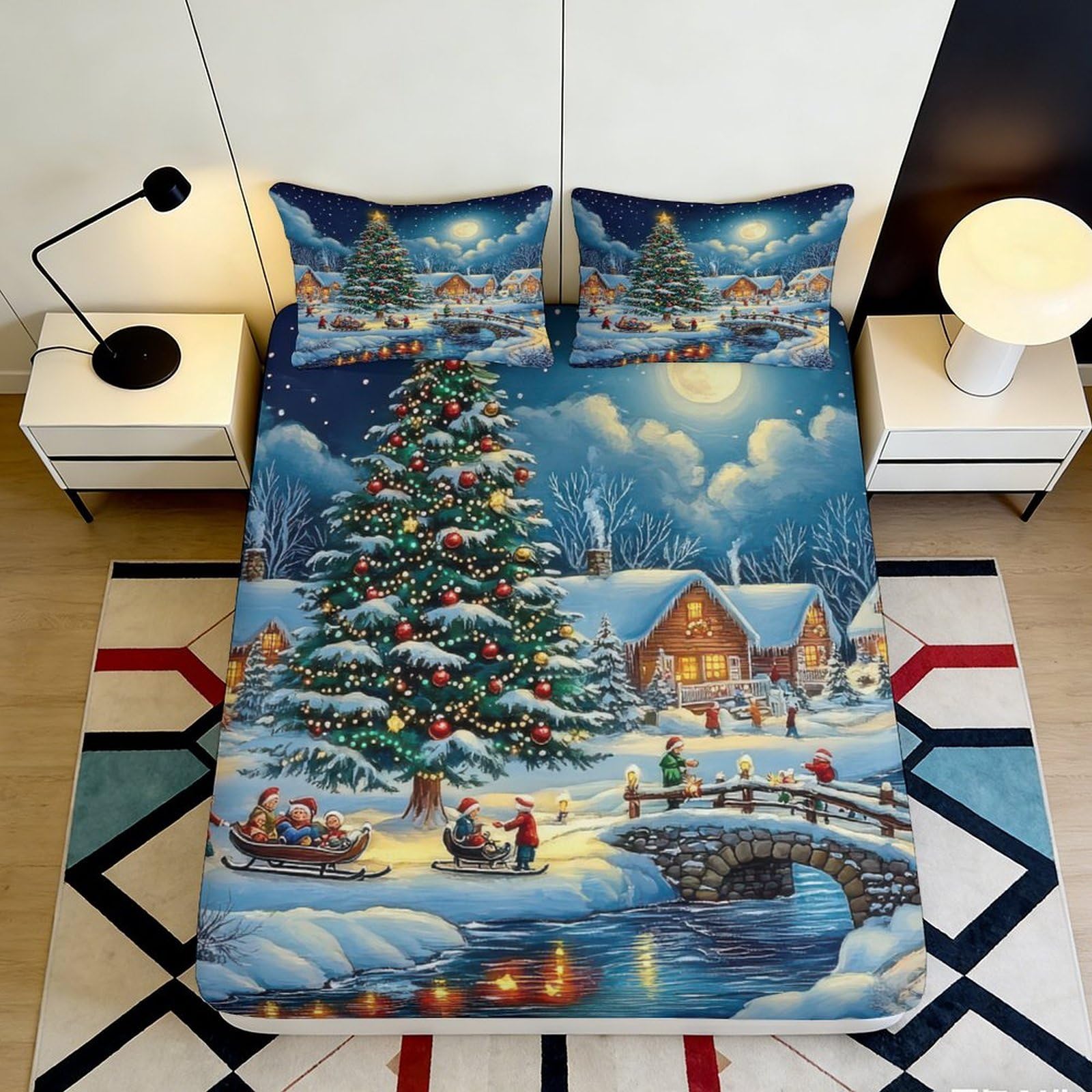 Jqzkxnhpbr Style-4 3D Printed Christmas Tree Fitted Sheet Microfiber Winter Village Bed Cover For Bedroom Guest Room Mattress Decor 90X200x25cm