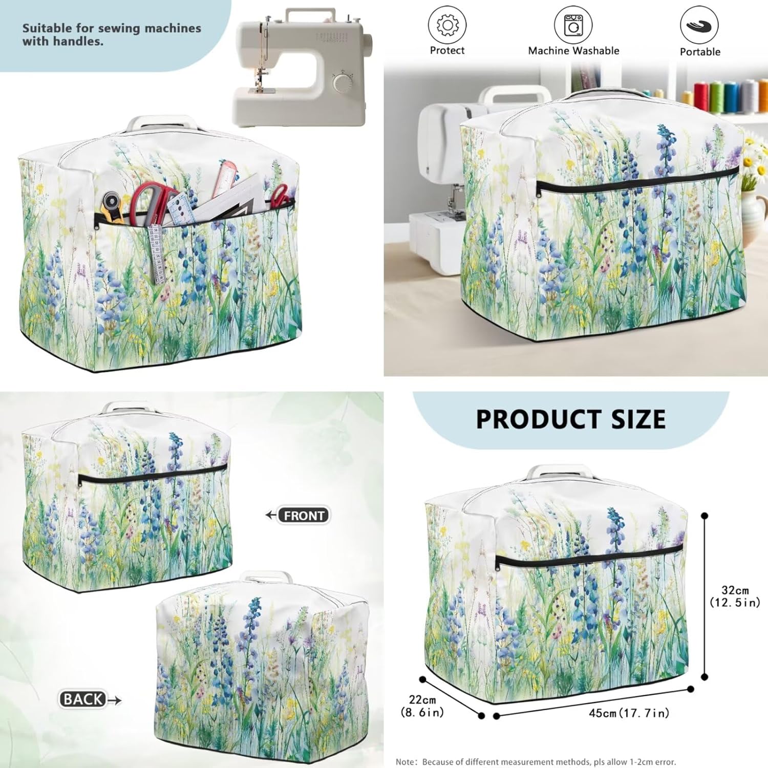 Sarogrorin Watercolor Wildflowers Machine Protective Cover and Table Mat Dust Proof Sewing Machine Cover Protective Mats to Reduce Noise 2 PCS