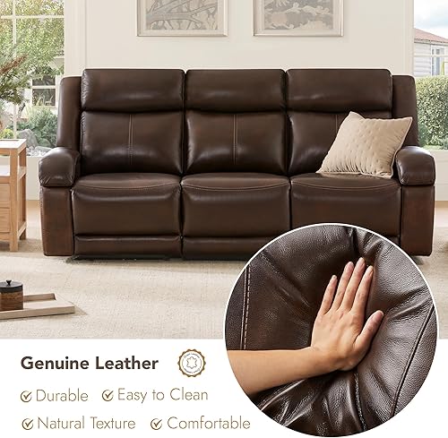 Miniatura 5 de Watson & Whitely Sofá reclinable eléctrico de piel auténtica, sofás reclinables de pared de 3 plazas con reposacabezas eléctrico, puertos USB y tipo