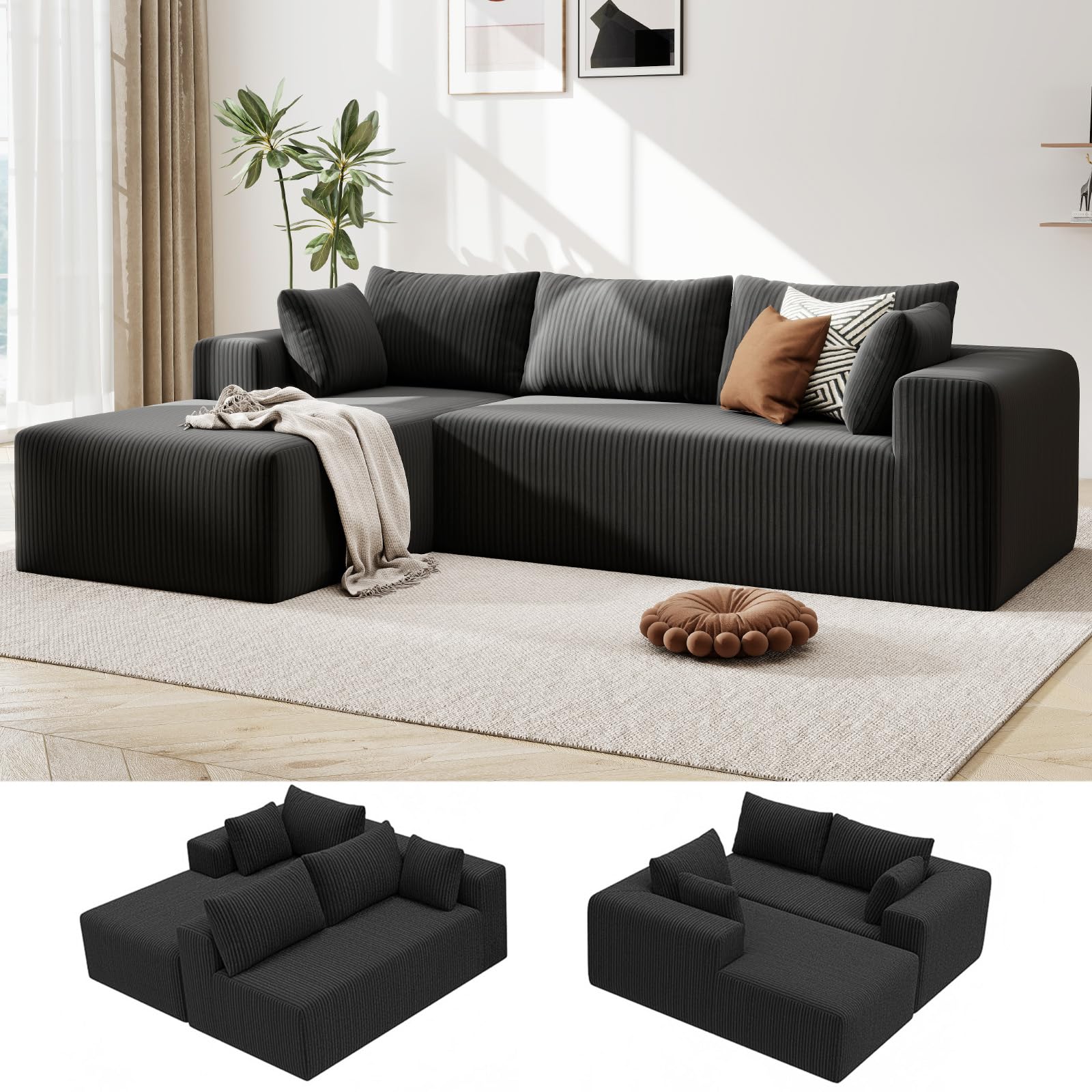 Boneless Couches for Living Room L-Shaped Cloud Couch with Oversized Chaise Modular Sectional Couch w Deep Seat Corduroy