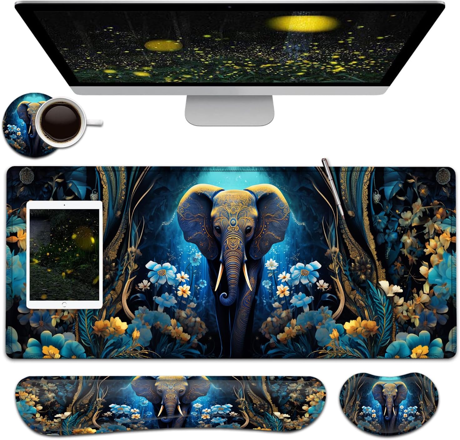 Large Mouse Pad + Keyboard Wrist Rest Set, Extended Gaming Mousepad (31.5X11.8 inch) with Non-Slip Rubber, Ergonomics Memory Foam Mouse Wrist Rest Support, Flowers Ornate Elephant XXL Desk Pad