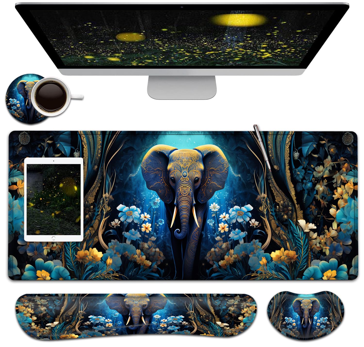 Large Mouse Pad + Keyboard Wrist Rest Set, Extended Gaming Mousepad (31.5X11.8 inch) with Non-Slip Rubber, Ergonomics Memory Foam Mouse Wrist Rest Support, Flowers Ornate Elephant XXL Desk Pad