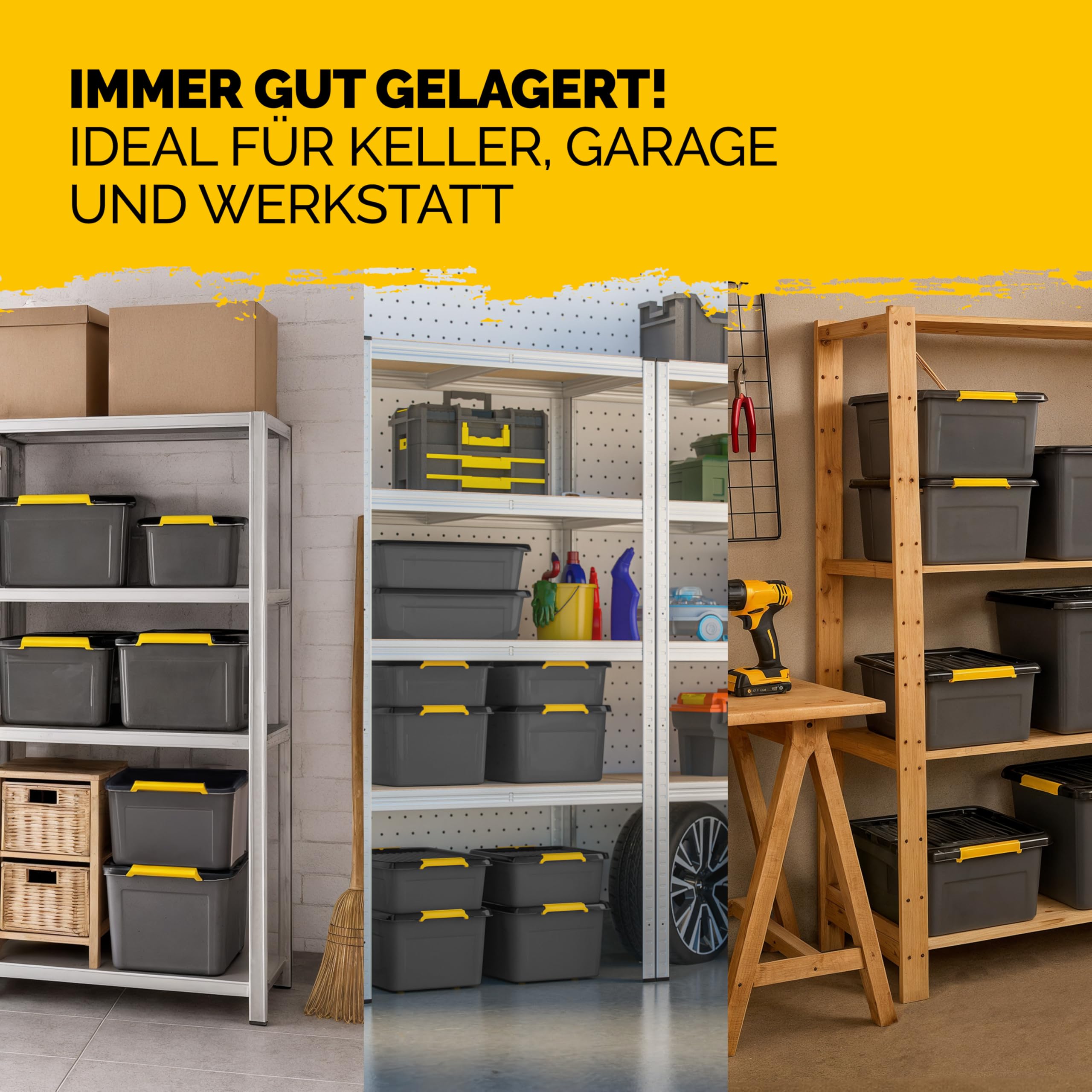 Monzana® 6x Aufbewahrungsbox 40L mit Deckel 40kg belastbar Kunststoff BPA frei Klickverschluss stabil flexibel stapelbar blickdicht Keller Garage Box