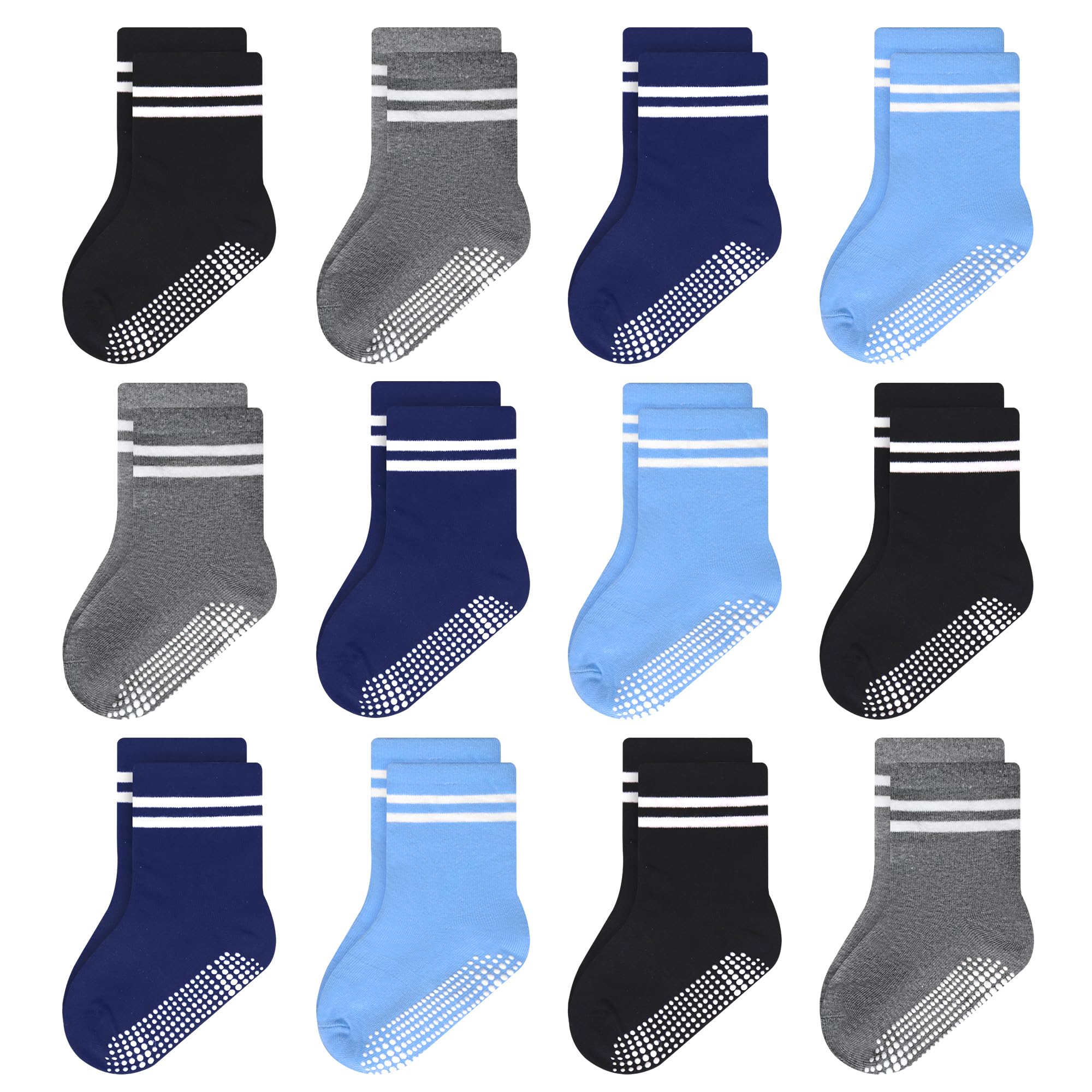 ELUTONG 12 Pairs Toddler Socks with Grips Anti Skid Sticky Crew Socks Infant Kids Baby Grip Socks for Boys Girls