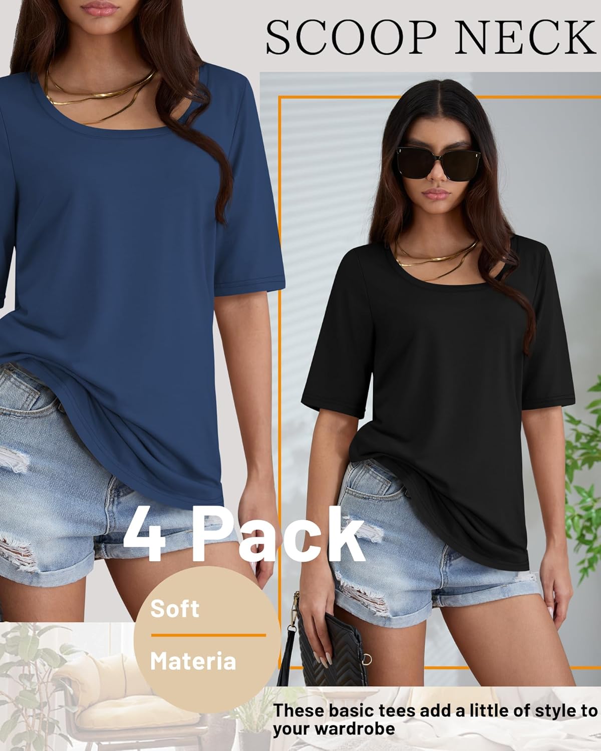 Neer 4 Pack Women’s Half Sleeve T-Shirts Elbow Length Tops Women Scoop Neck Loose Basic Tee Summer Casual Blouses - Image 7