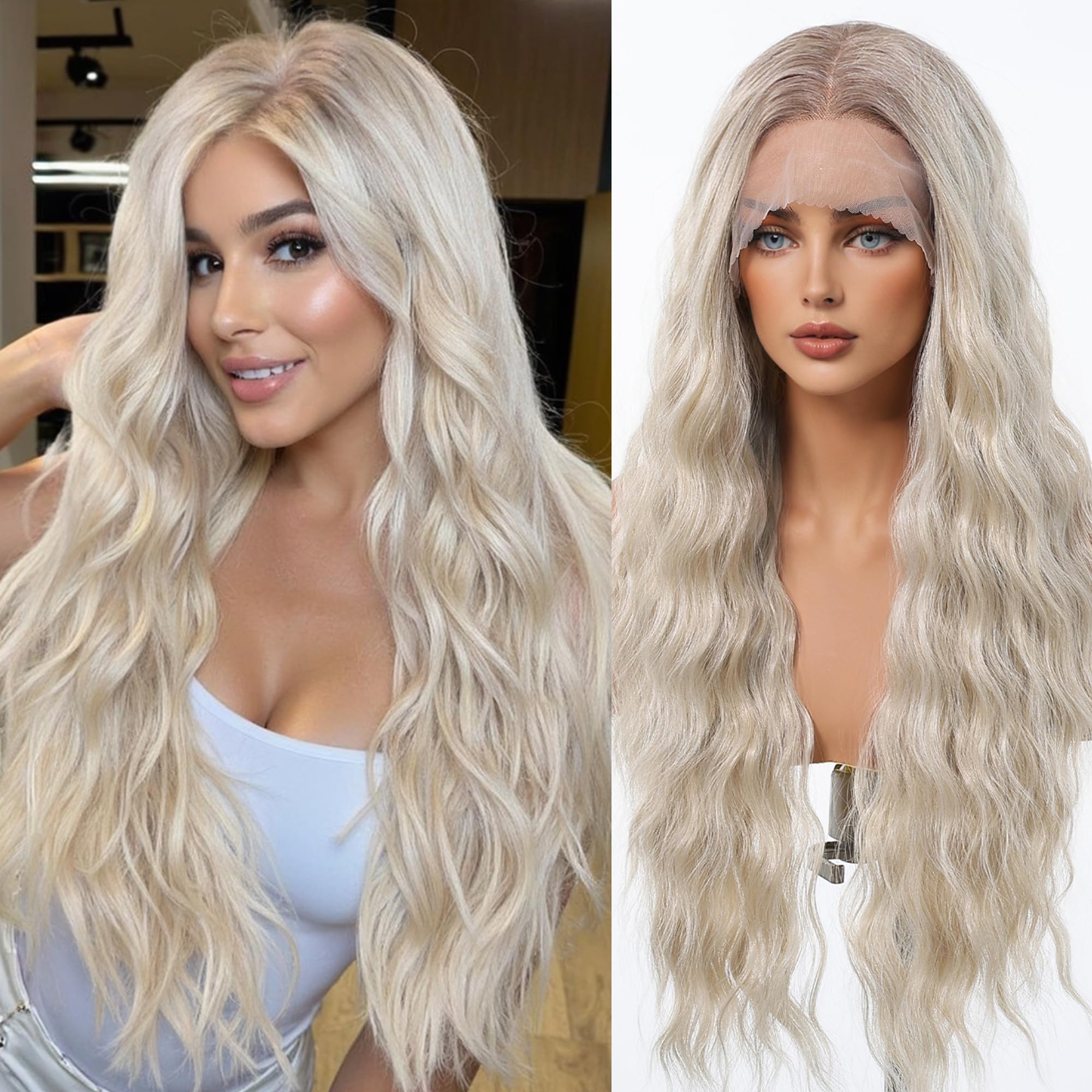 testar 13×6 Lace Front Wig Long Platinum Blonde Wavy Wigs for White Women Middle Part Synthetic Heat Resistant Fibre Wig for Daily Use