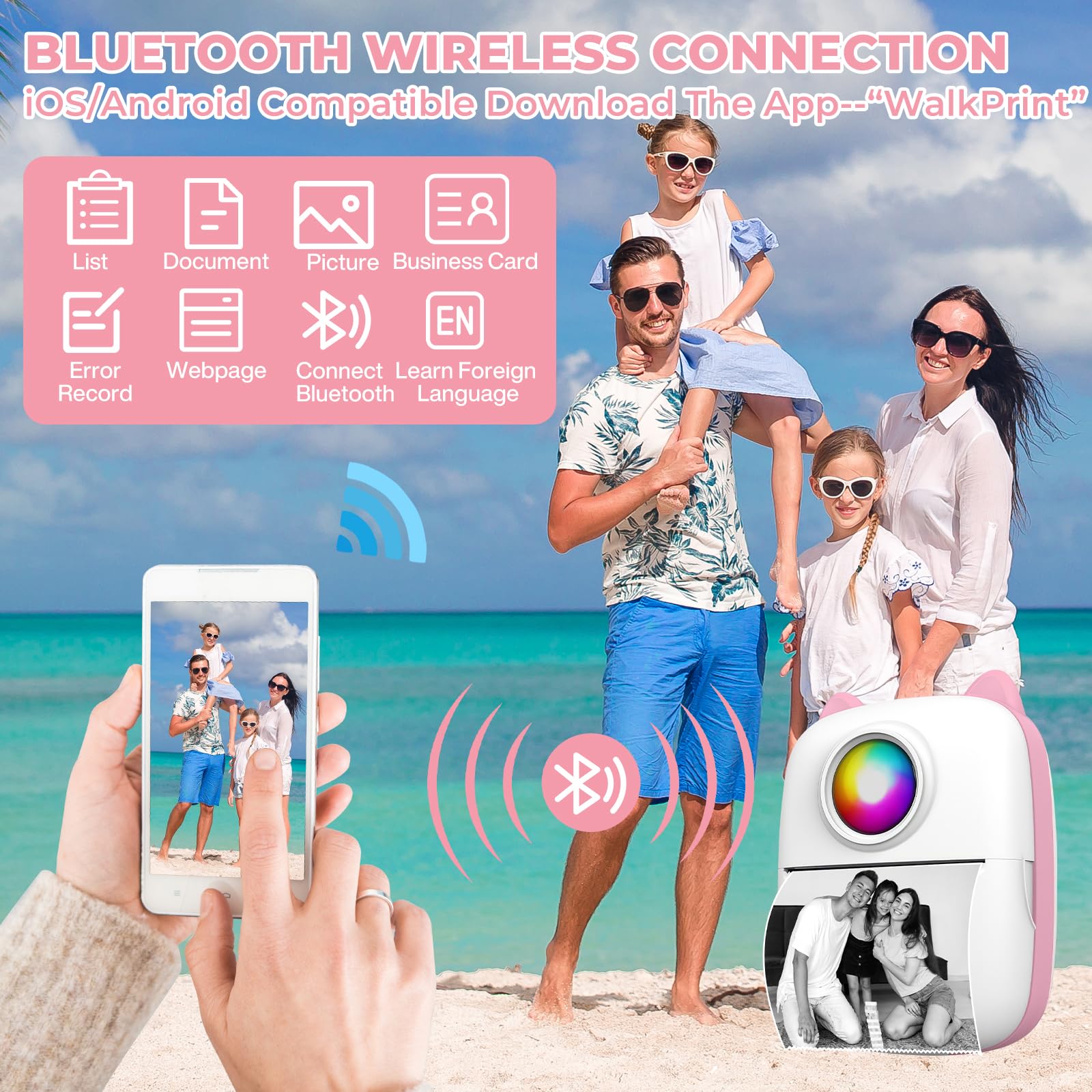 Mini Impresora para Movil, Impresora Termica Fotográficas, Impresora Mini Portátil Inalámbrico Compatible con iOS y Android para Fotos Nota (Rosa)