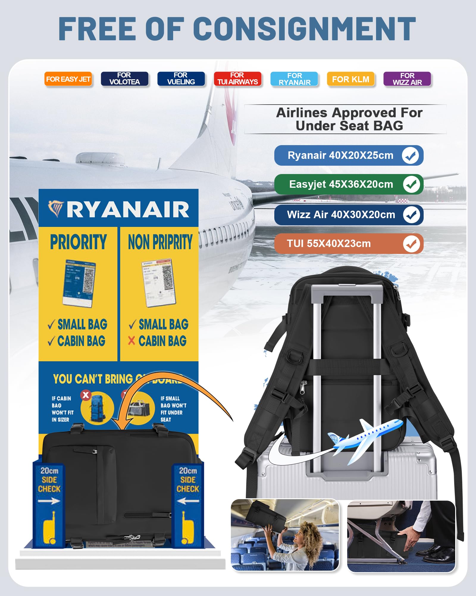 bergsalz Zaino Sottovuoto Ryanair 40x20x25 Viaggio Con Pompa Zaino Da Viaggio 40x20x25 Da Donna Uomo Aereo Bagaglio a Mano Con Sottovuoto Incorporato Nero