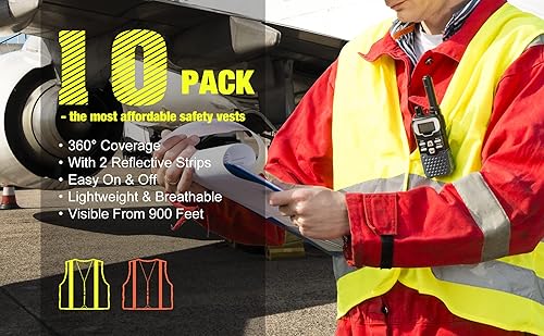 Miniatura 5 de DUSKCOVE Paquete de 10 chalecos de seguridad reflectantes Hi Vis para adultos, chaleco de construcción de malla de neón transpirable de alta