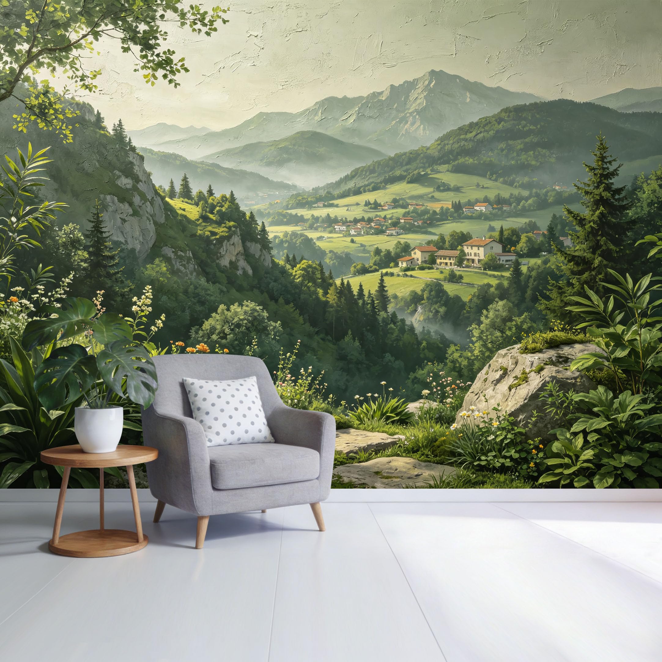 Custom Size Wall Mural Mountain Valley Landscape Forest Meadow Village View SelfAdhesive Wall Fabric Removable Wallpaper for Home Office Decor