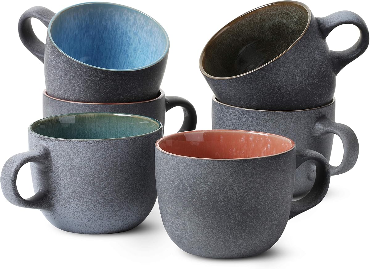 BTaT- Porcelain Coffee Mugs Set, 14 oz (415 ml), 6 Pack, Ceramic Coffee Mugs, Matte Black Outside and Colorful Inside, Restaurant Cups for Tea, Cappuccino, Cocoa, Cereal, Mug Gift Set, Dishwasher Safe