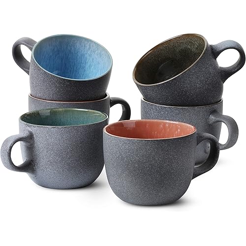 BTaT- Porcelain Coffee Mugs Set, 14 oz (415 ml), 6 Pack, Ceramic Coffee Mugs, Matte Black Outside and Colorful Inside, Restaurant Cups for Tea, Cappuccino, Cocoa, Cereal, Mug Gift Set, Dishwasher Safe