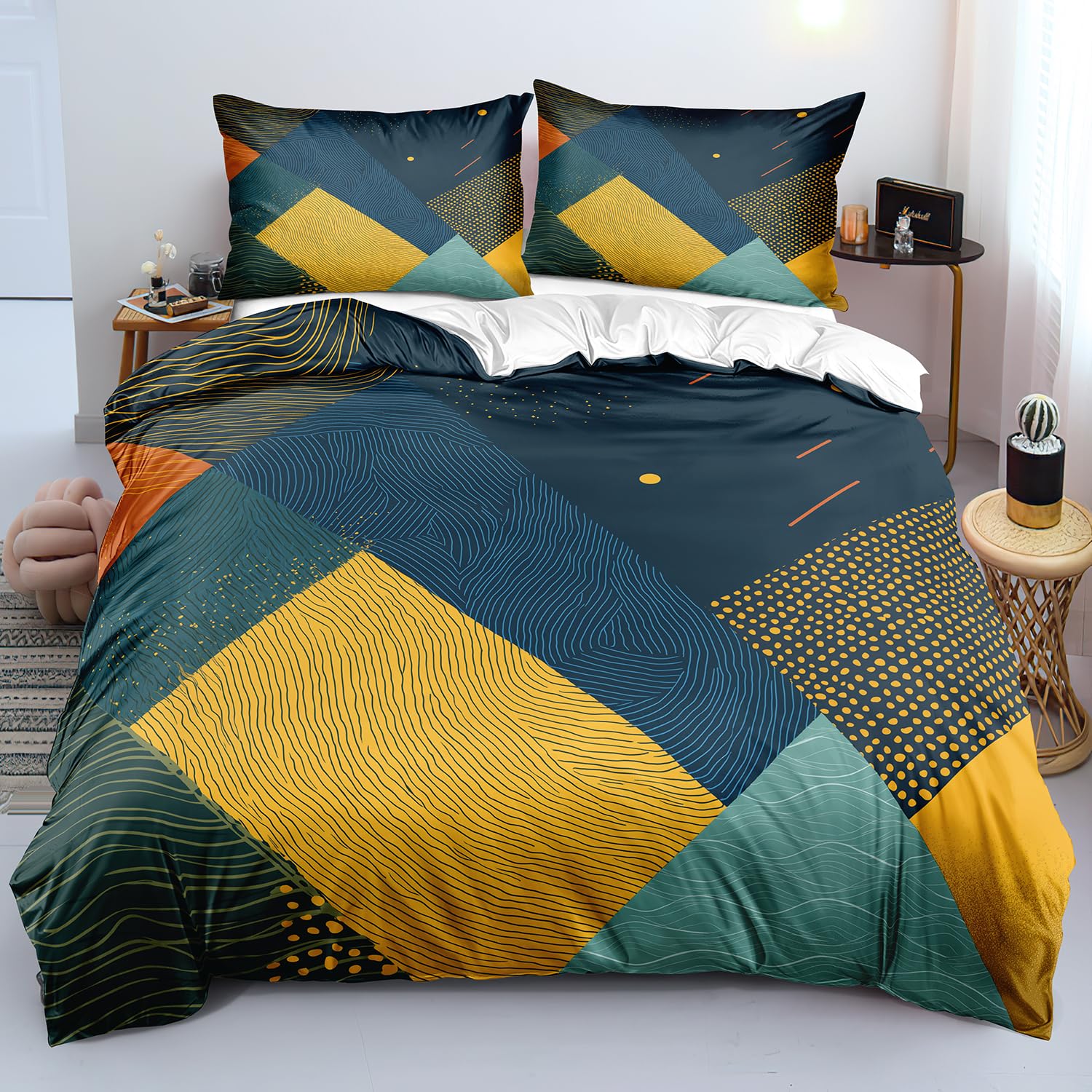 Housse de couette géométrique bleue au design art abstrait et patchwork de couleurs vives