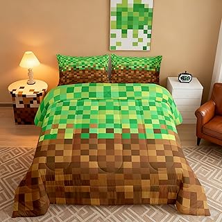 Manfei Pixelated Full Size Comforter Set,Video Games Gamepad Miners Bedding Comforters Bedroom Collection,Geometric Grid Duvet Insert,Brown Green Room Decor 3 Pcs Bedding Set for Girls Teens