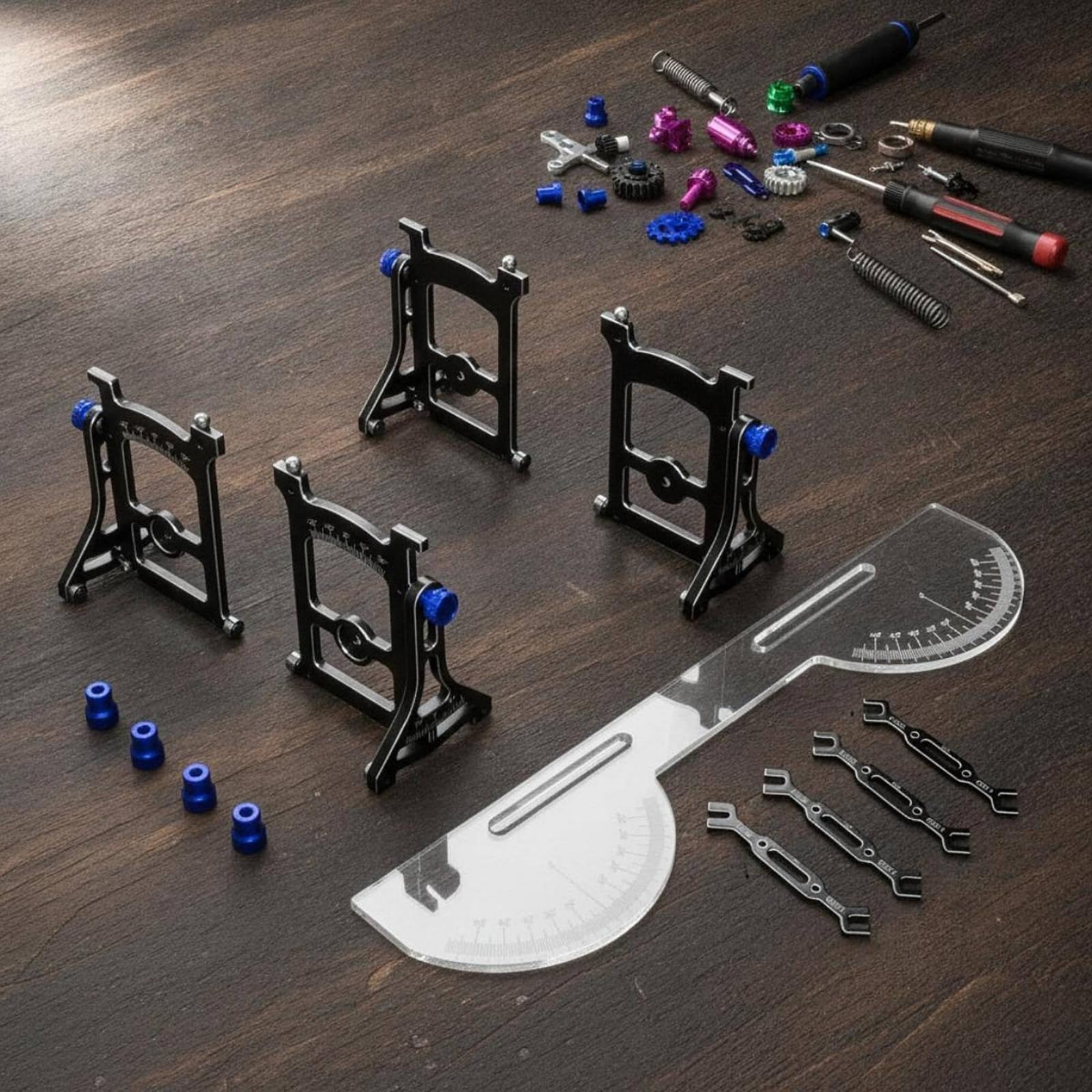 harayaa Calibratore Veicoli in 1/10 Strumento Telaio RC Misuratore Angoli Ruota con Piastra Trasparente Supporti Metallici Regolazioni Rapide Adatto a, Blu, Con Tirante Di Regolazione