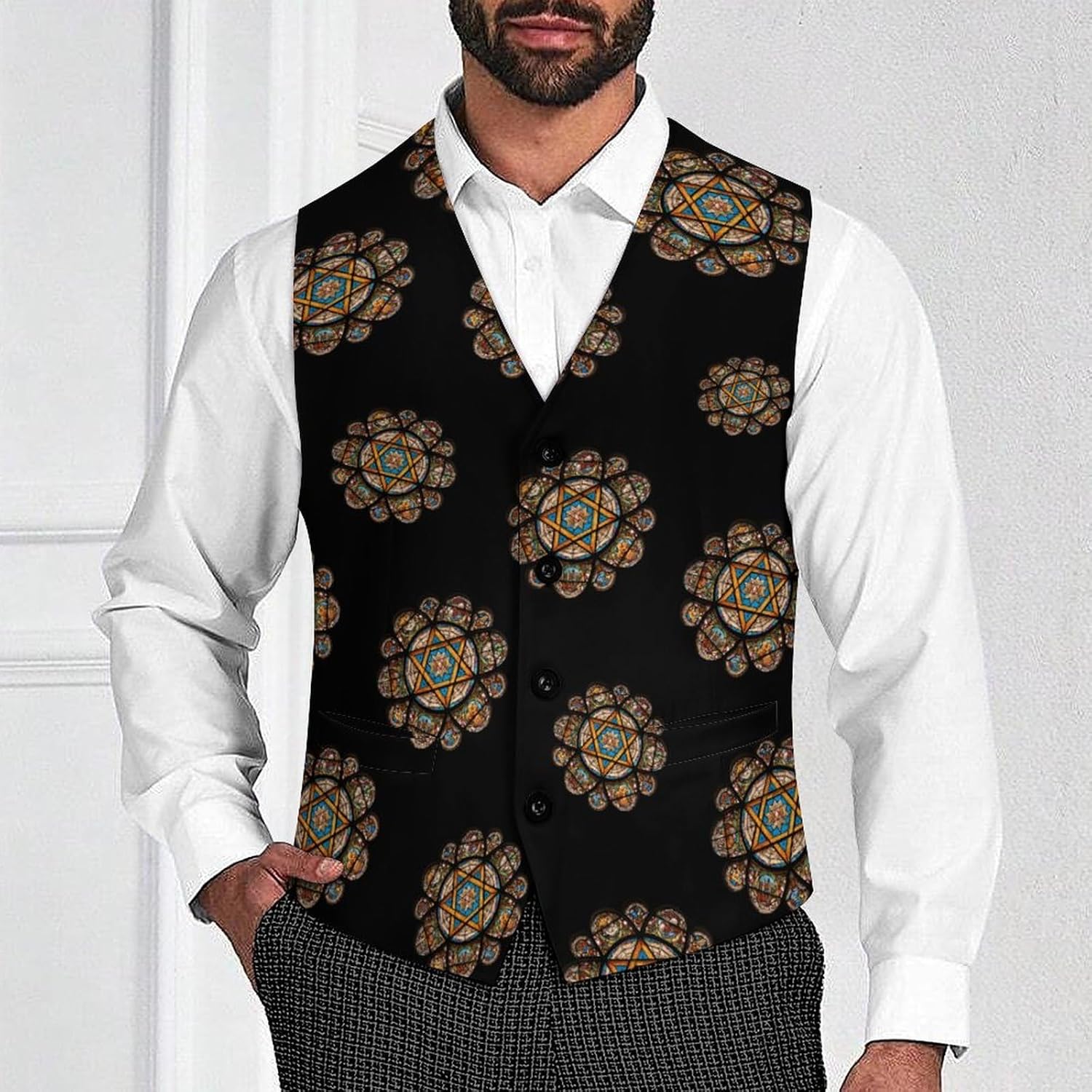 Stained Glass Star of David Casual Men's Business Suit Vest Slim Fit Formal Dress Waistcoat Vests