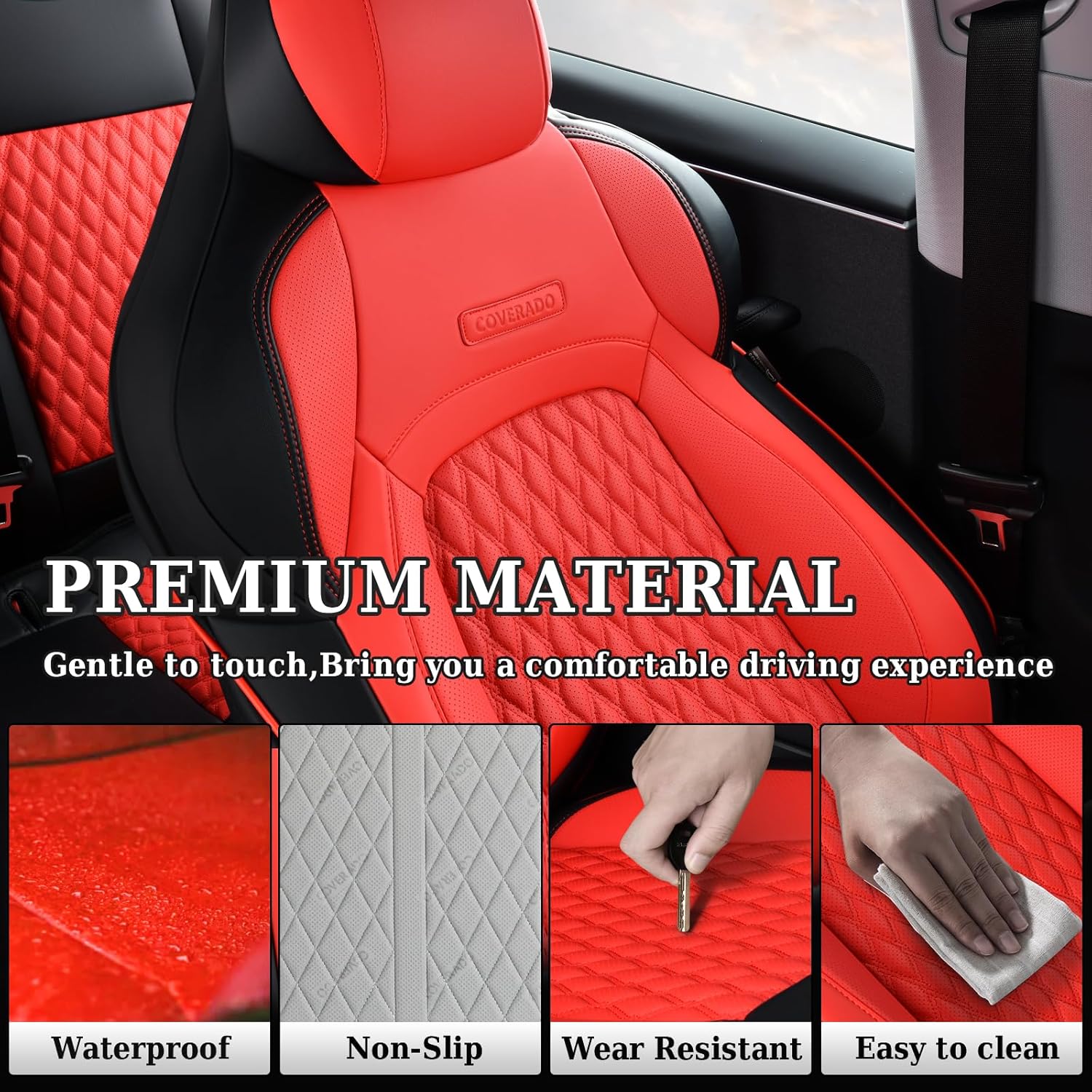Coverado Car Seat Covers for Tesla Model 3, Full Set 5 Seater, Leatherette Car Seat Covers Front Seats and Back Custom for Tesla Model 3 2024-2025 New BlackRed